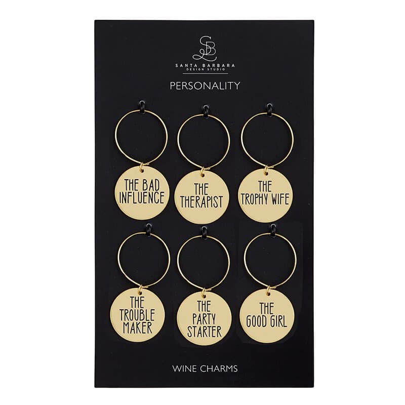 1" round metallic gold wine charms, each charm describes a different personality of someone at the party in a set of 6