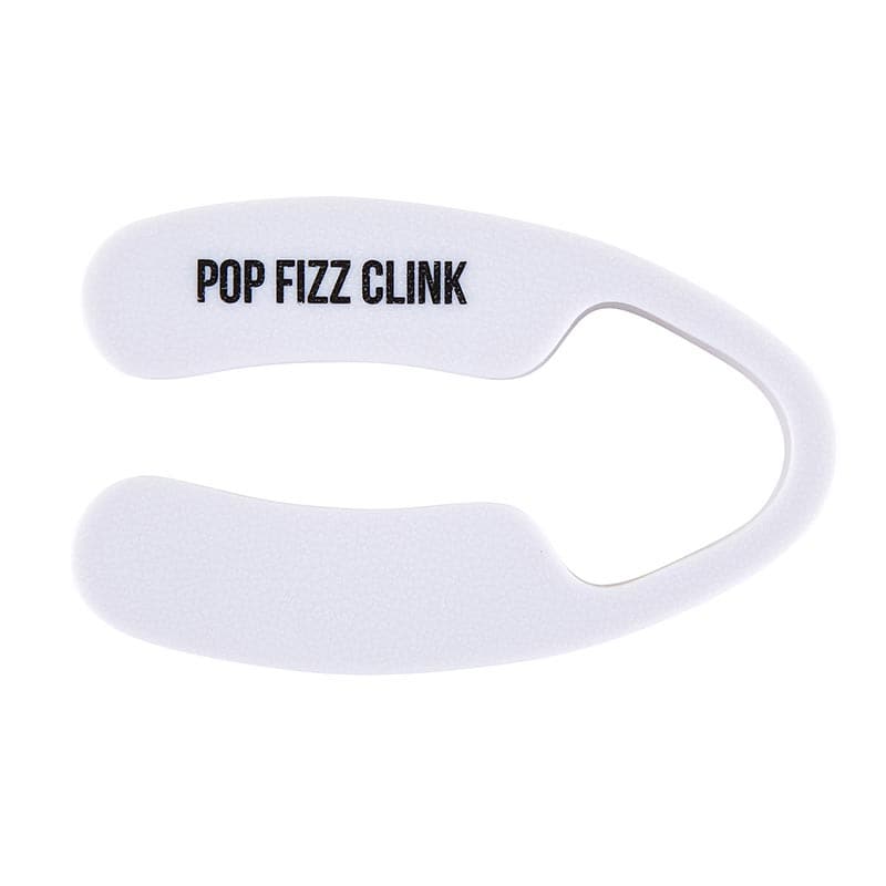 A white plastic foil cutter with the text 'POP FIZZ CLINK' printed on it.