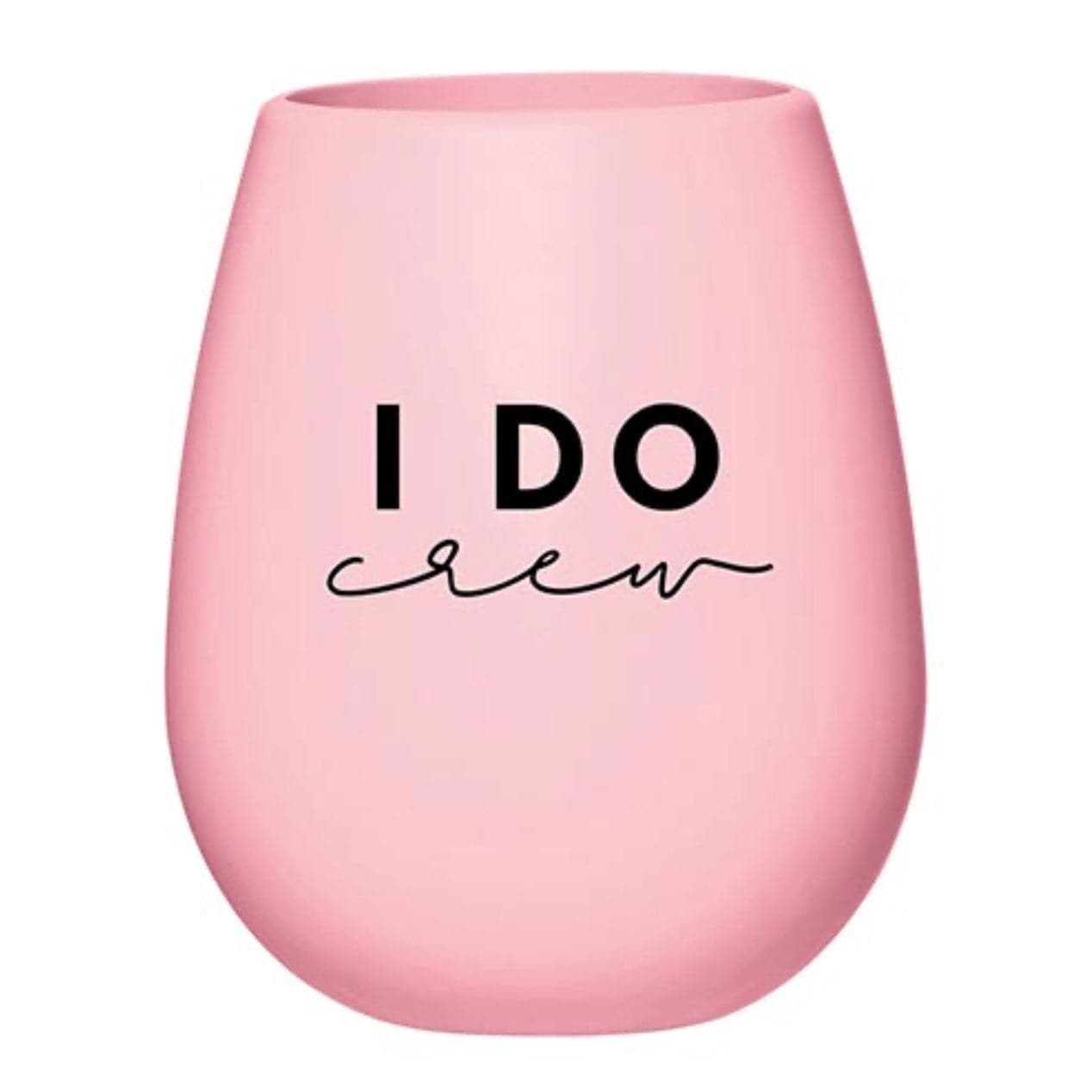 A pink silicone wine glass with the text 'I DO CREW' printed on it.