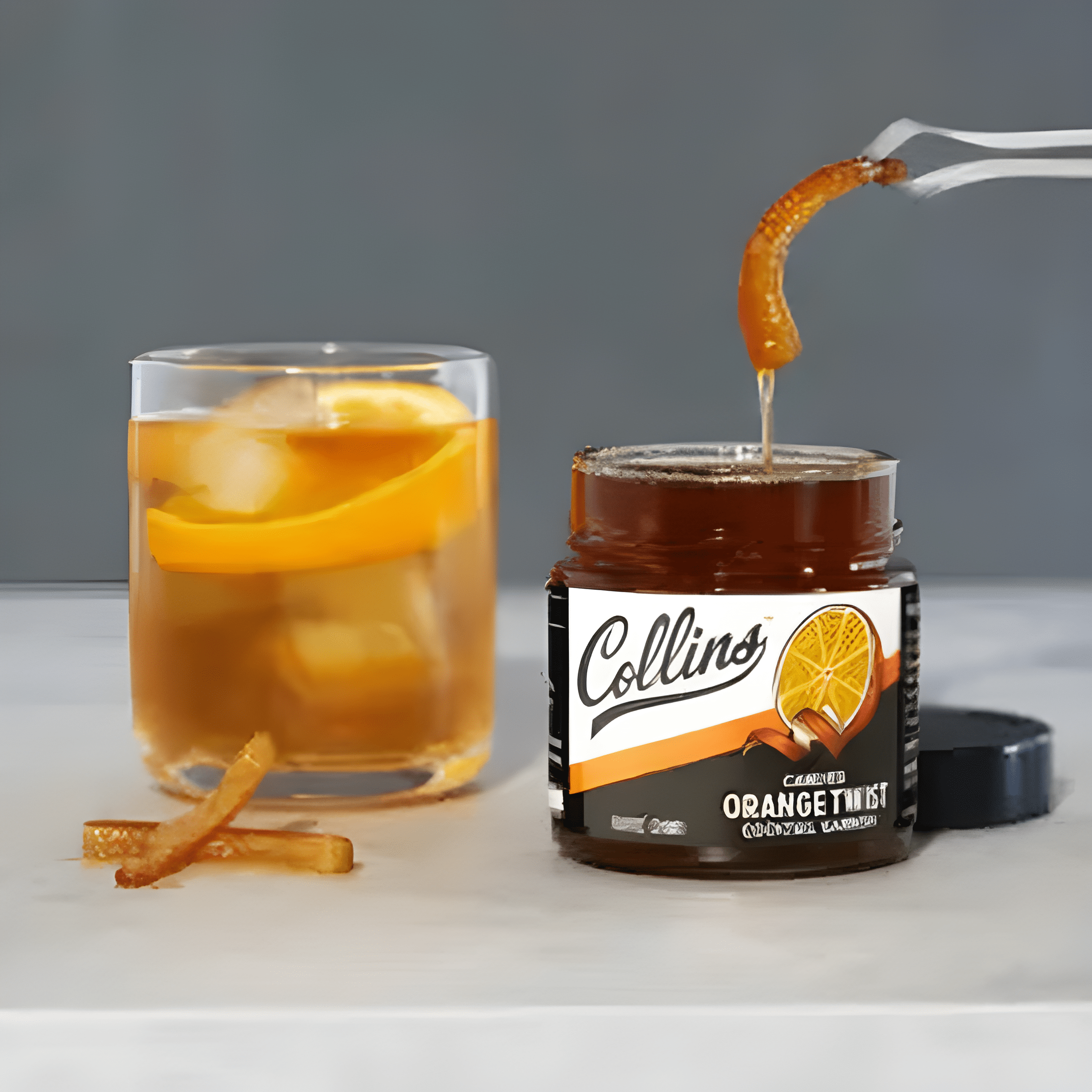 candied orange twist in bourbon cocktail