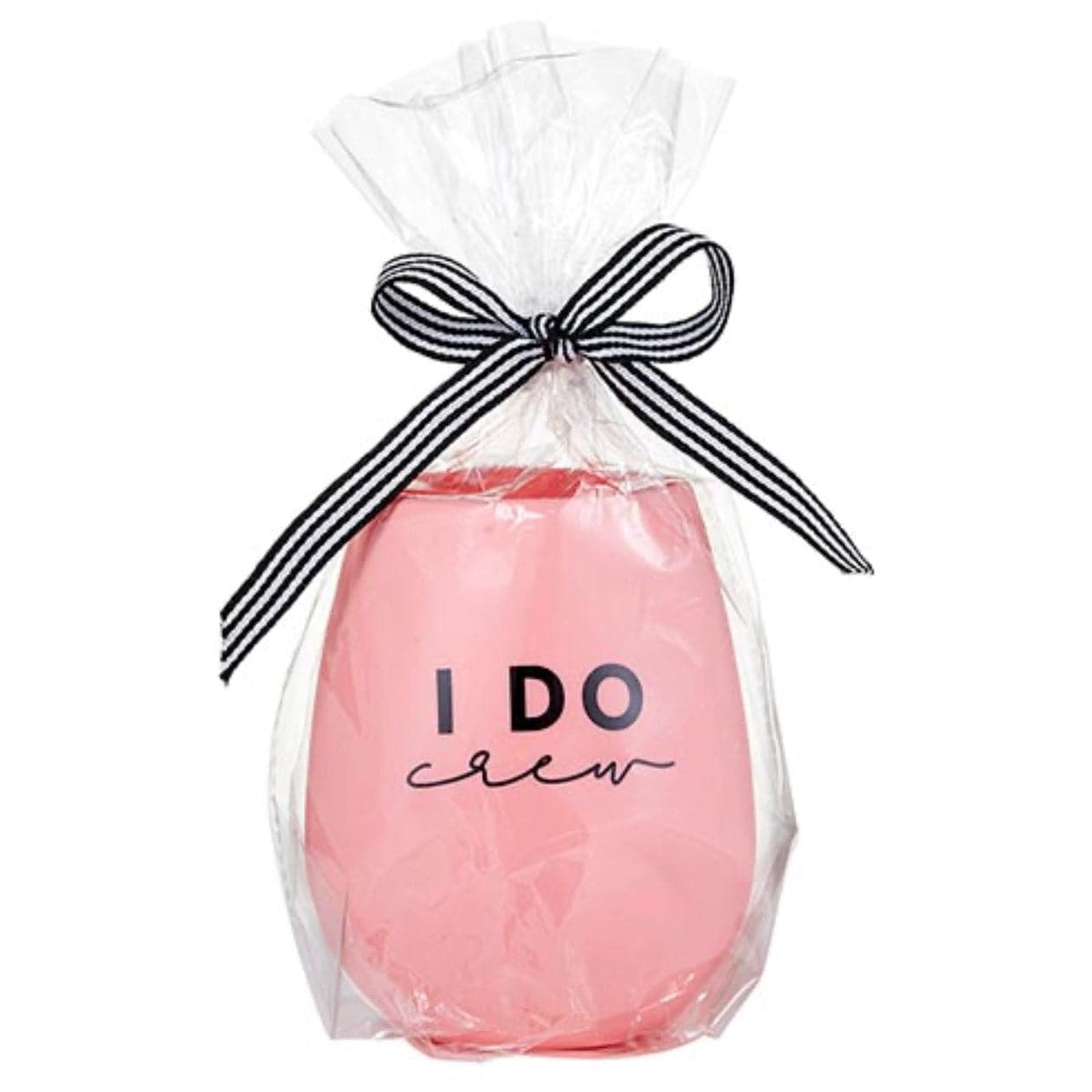 Pink Silicone Wine Glass – “I Do Crew” Wrapped in cellophane tied with a black and white striped ribbon