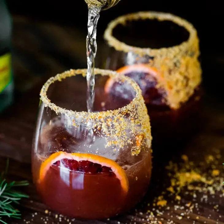 orange blossom finishing sugar rimming a glass of sangria