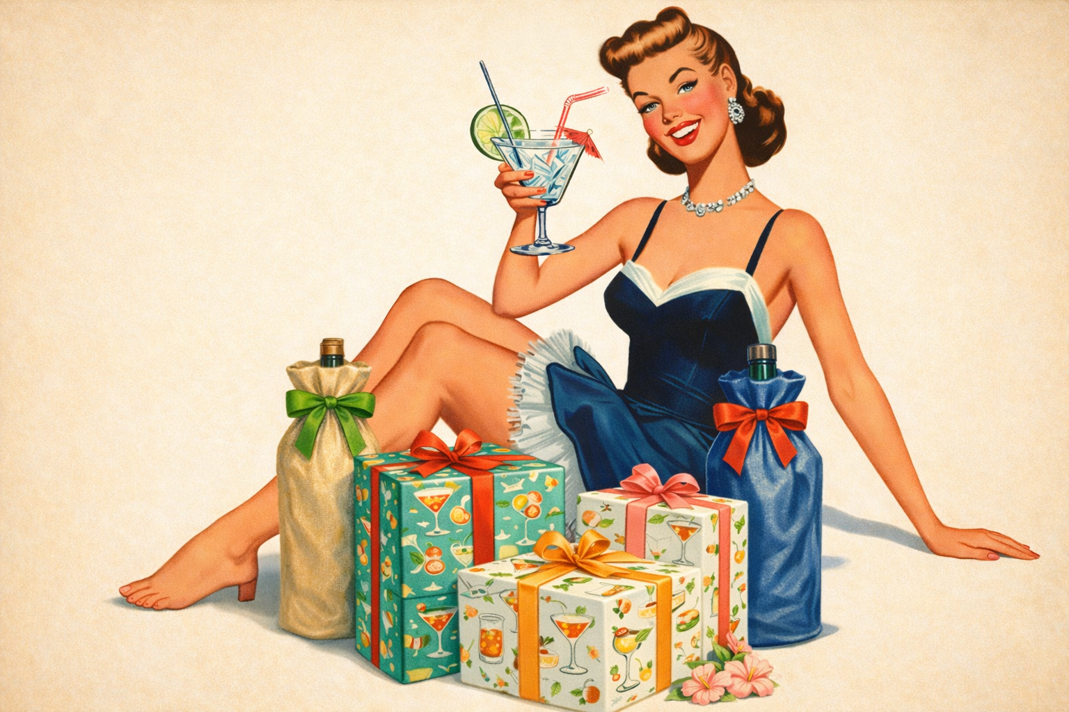 Retro mid-century pin-up illustration with martini, cocktail gift boxes, and wine bottles wrapped for gifting
