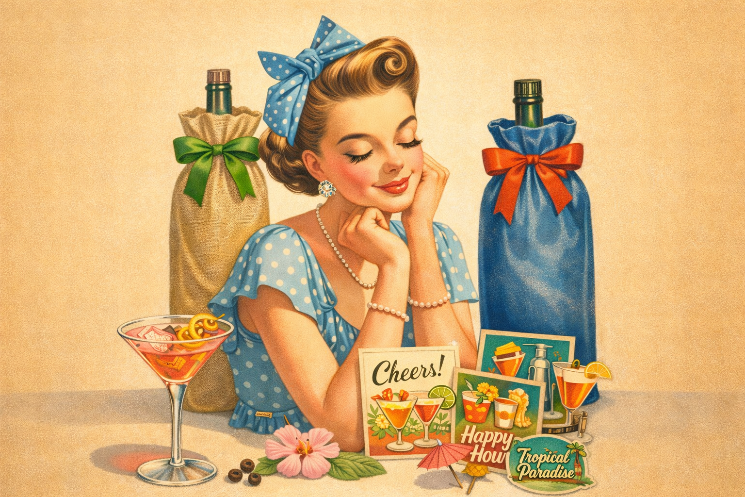 Vintage image of a lady sitting at a table with a cocktail surrounded by wine bags and cocktail themed cards and stickers 