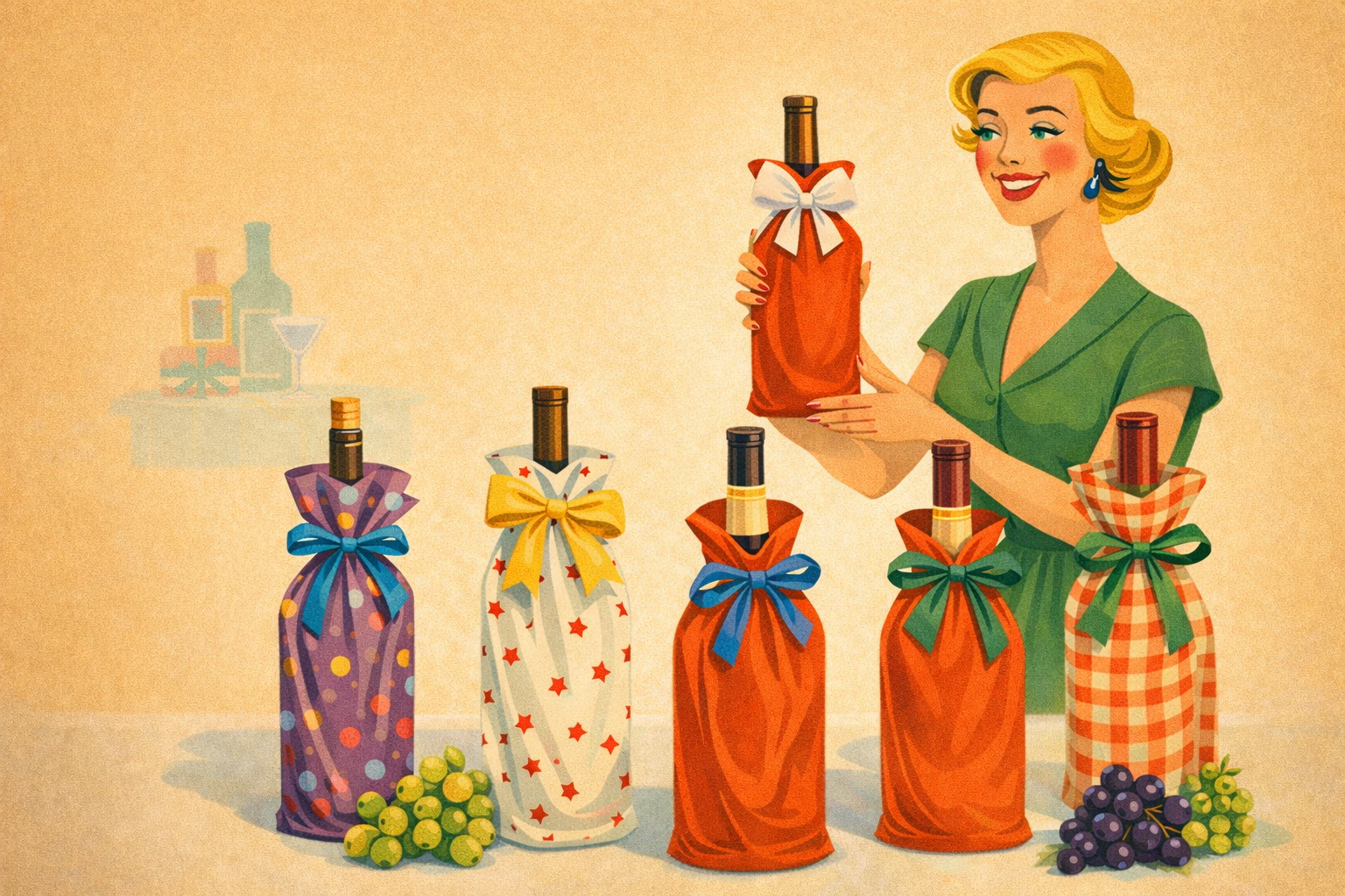 Retro image of a midcentury modern woman holding up a bottle in a gifted wine bag