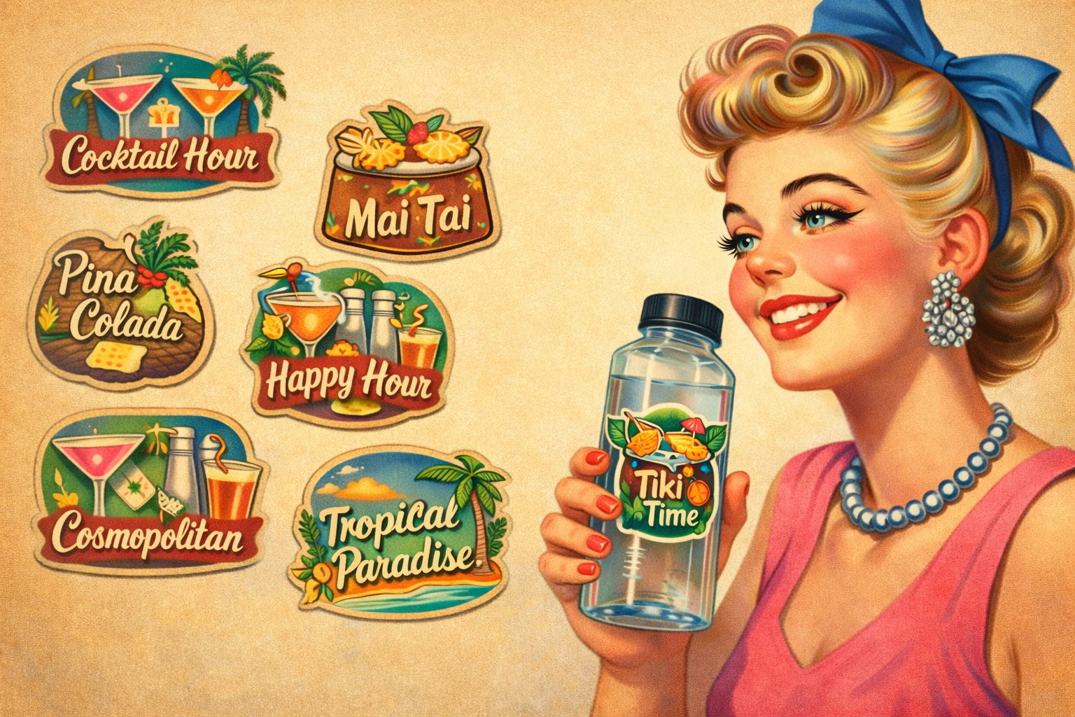 Image of a retro woman holding a water bottle with a cocktail themed sticker on it. Different cocktail themed stickers are in the background 
