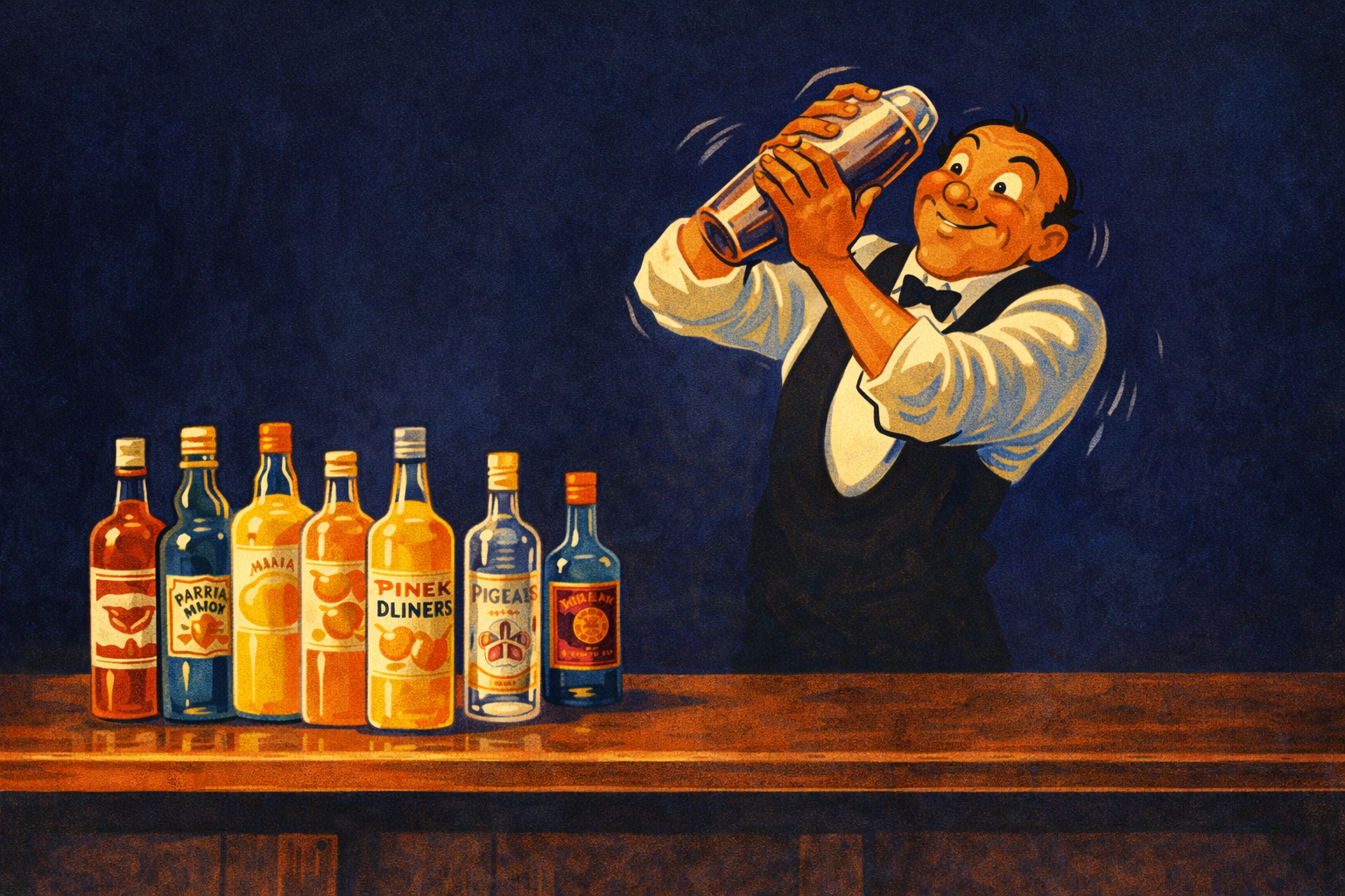 A retro image of a bartender behind a bar, with bottles of juices and spirits on display, shaking a cocktail shaker.