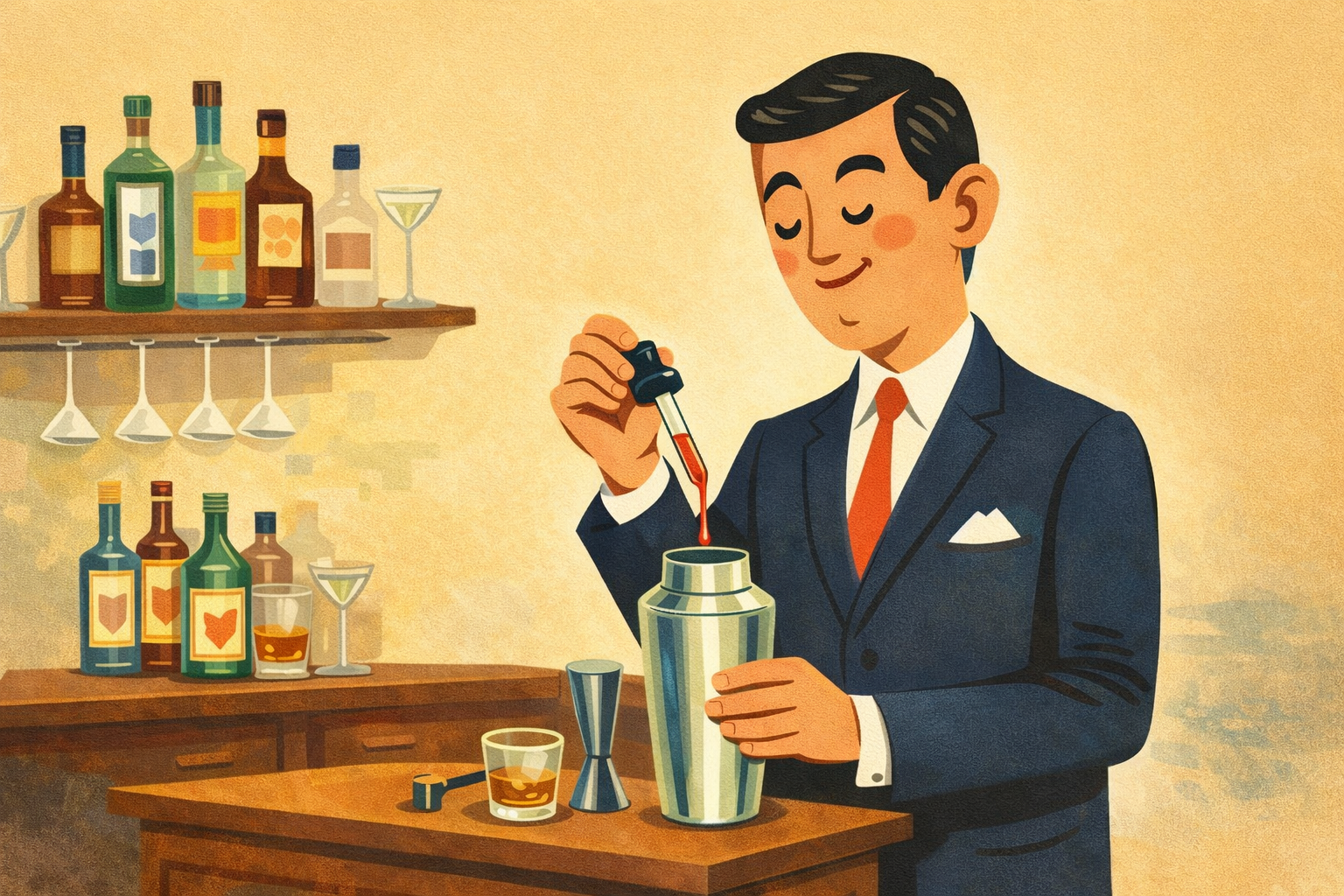 Retro image of a man at a home bar adding a dropper of amber colored liquid to a cocktail shaker 