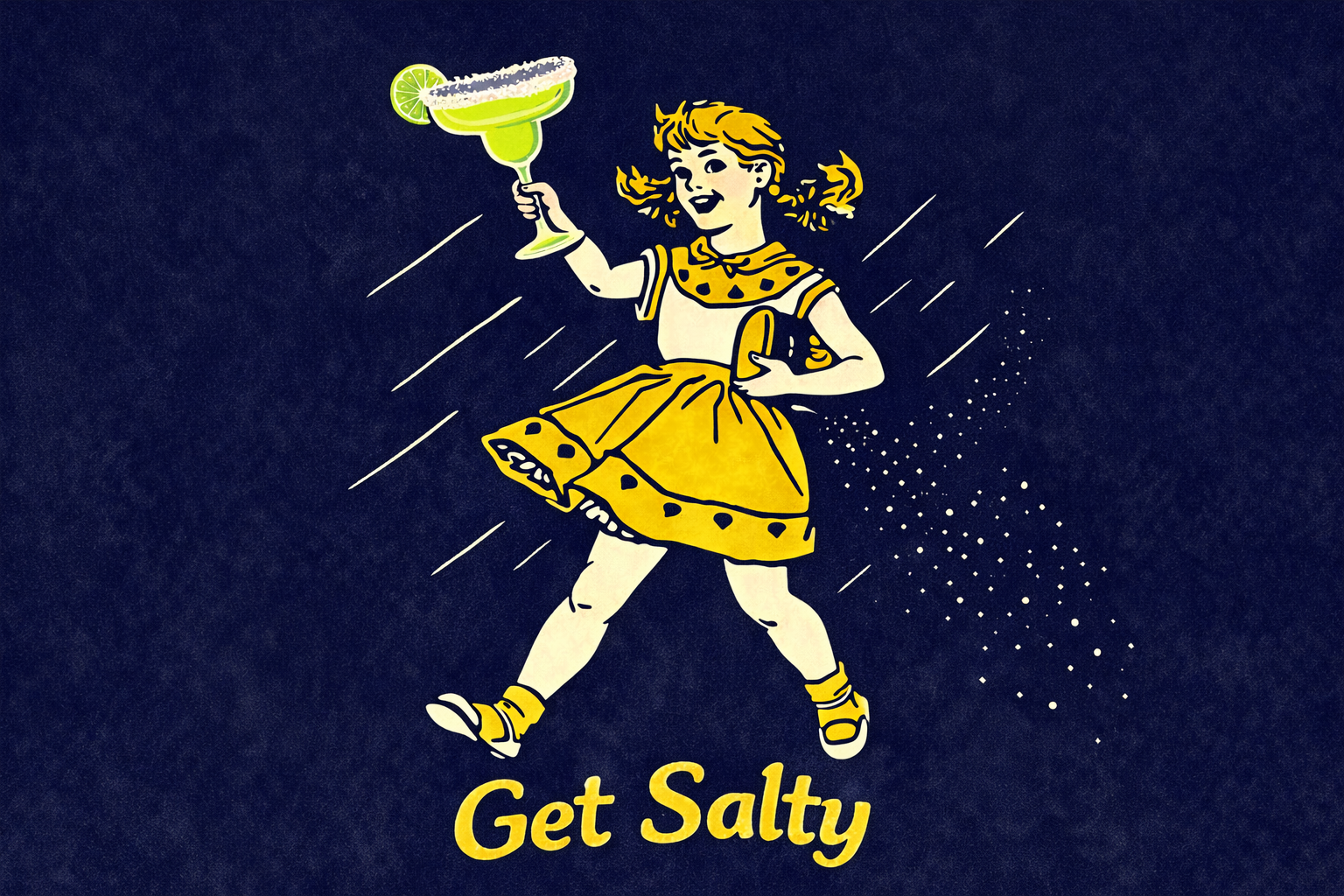 Blue and yellow image of a girl holding up a margarita glass rimmed with salt with the words “Get Salty”