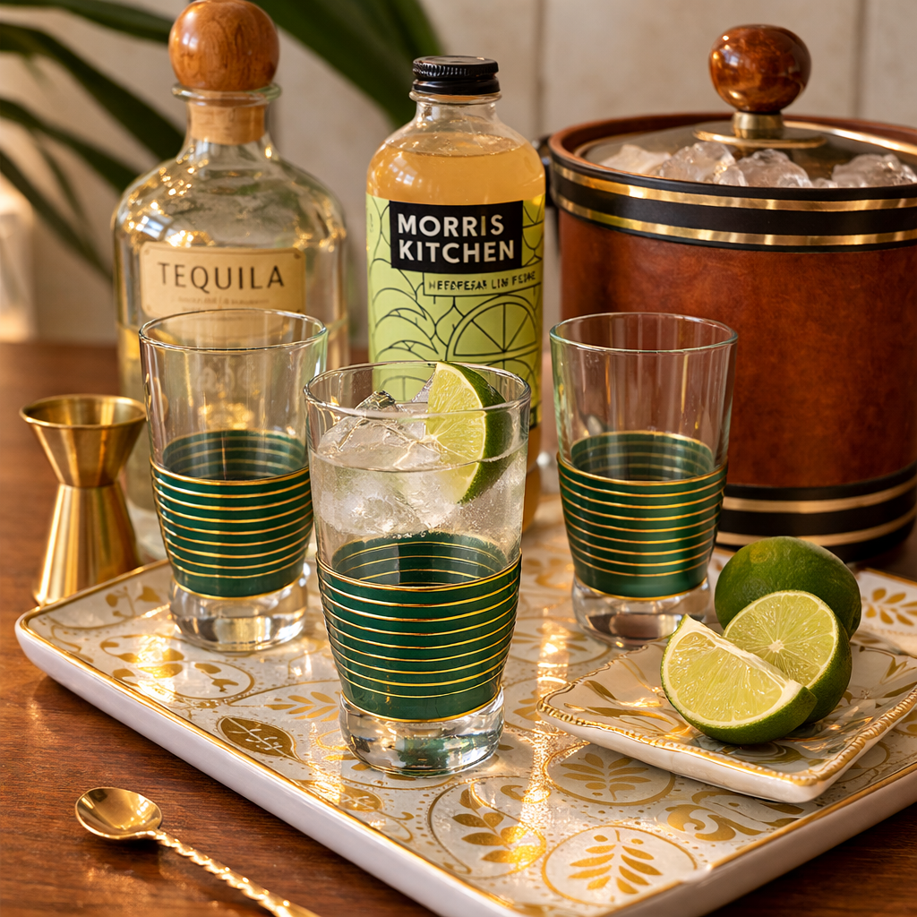 Vintage cocktail setup with tequila, lime mixer, ice bucket, and mid-century glasses on a serving tray — stylish host or hostess gift for entertaining
