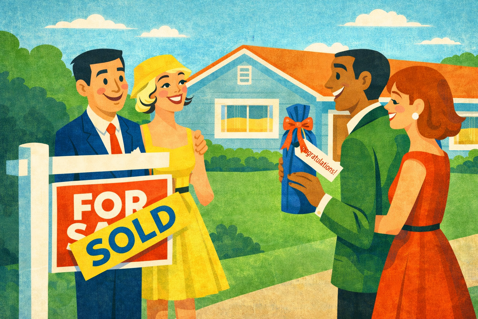 Vintage-style illustration of two couples outside a home with a “For Sale” sign and SOLD banner, as one couple presents a wine gift bag with a “Congratulations” tag to new homeowners.