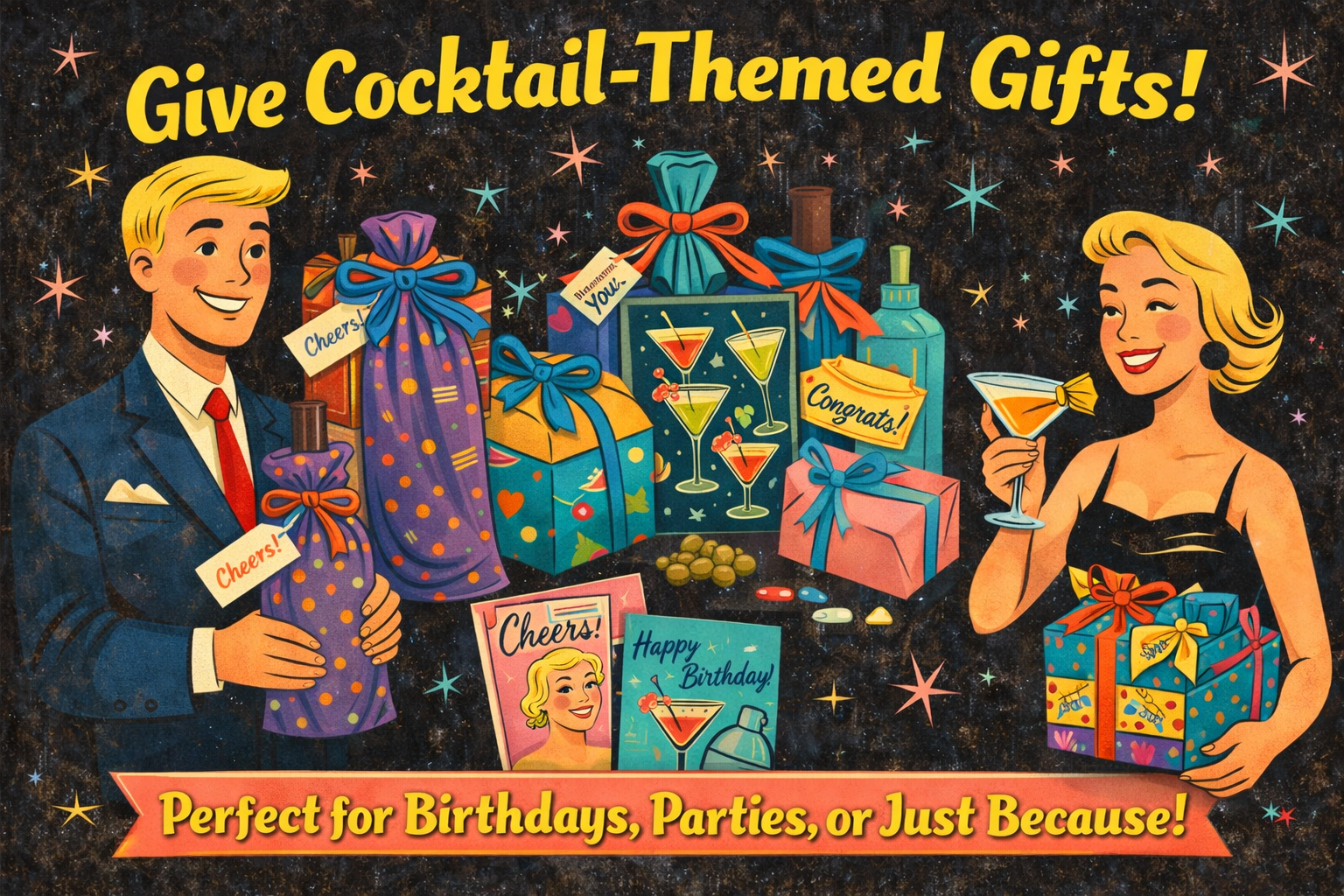Vintage-style illustration advertising cocktail-themed gifts, featuring a smiling couple, wrapped gift boxes with cocktail designs, greeting cards, and martinis against a retro starburst background.