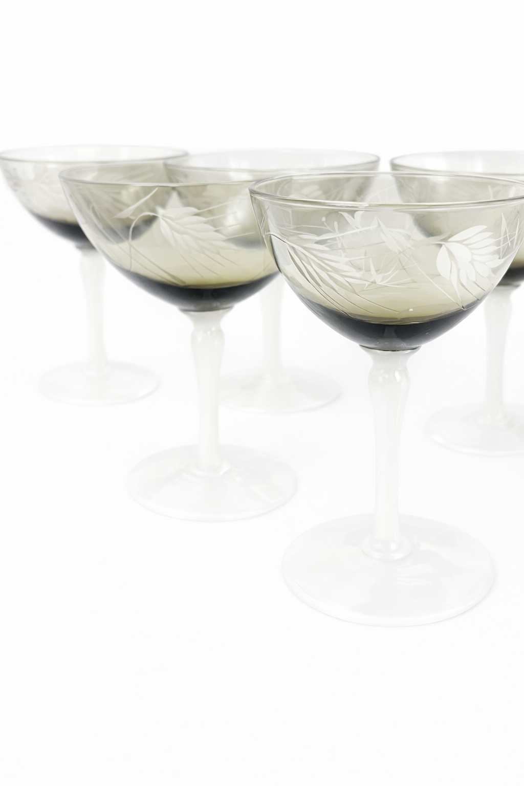 1930s Art Deco opaline cocktail coupes with etched botanical design
