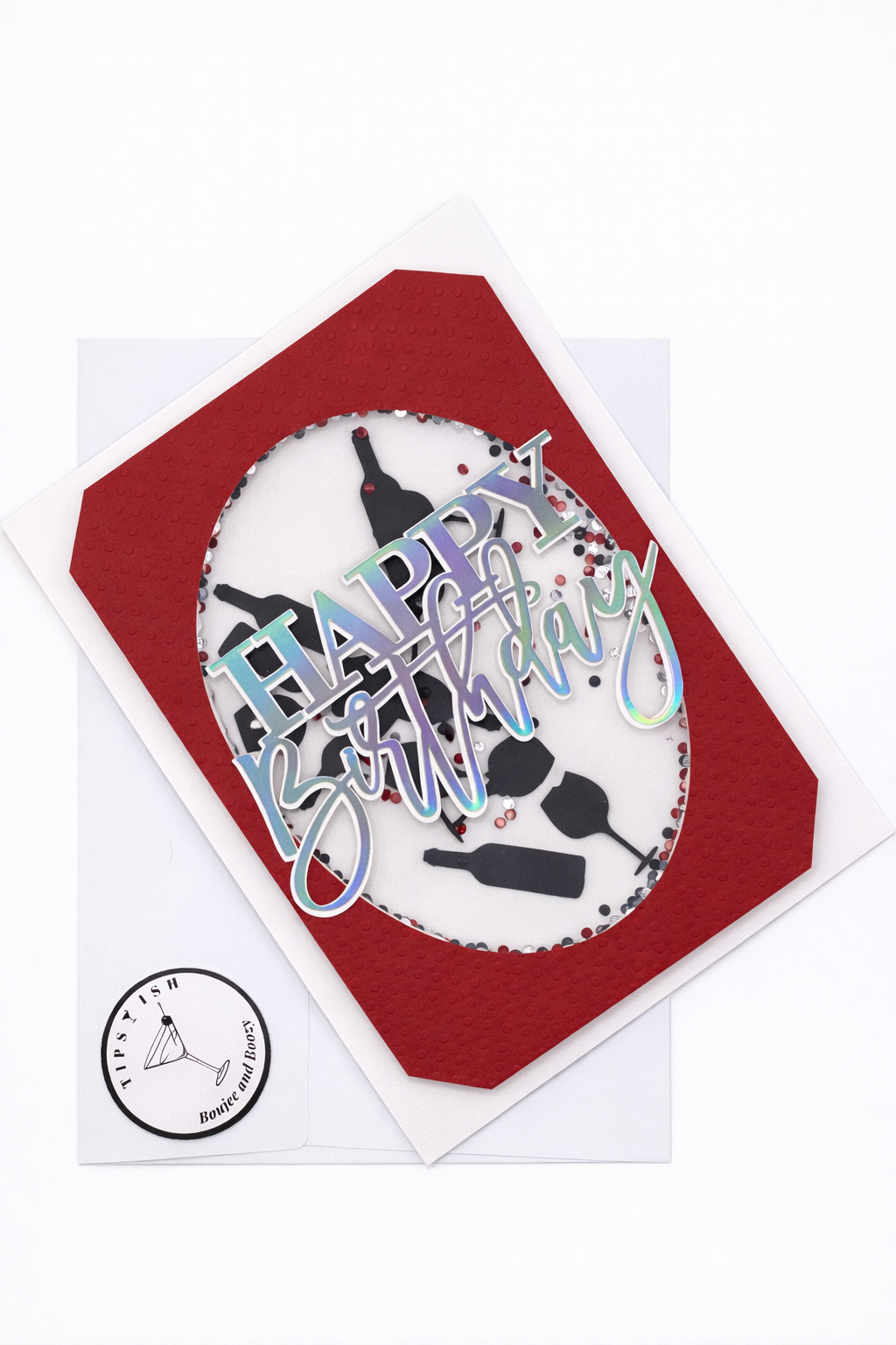 Birthday card with colorful 'Happy Birthday' text on a red background