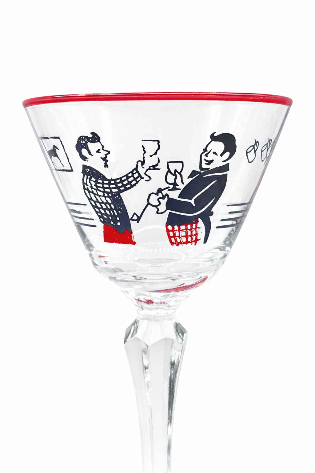 Clear glass with red rim and black illustrations of two people clinking glasses on a white background