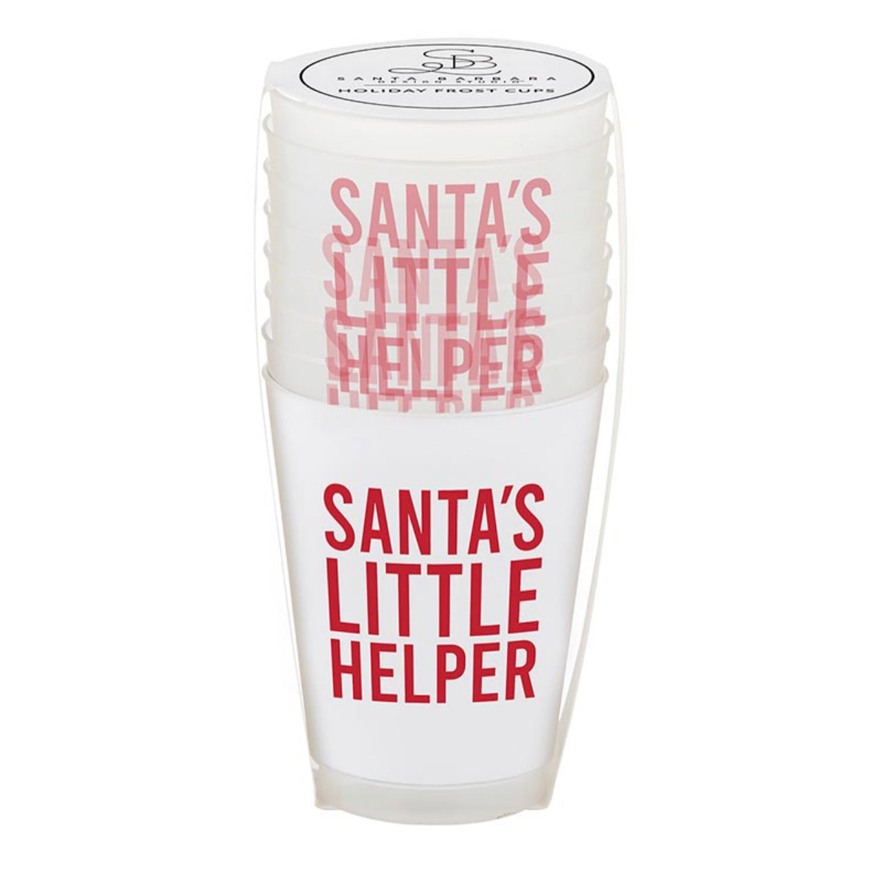 white frosted plastic christmas cup with red script that reads "santa's little helper" comes in a set of 8