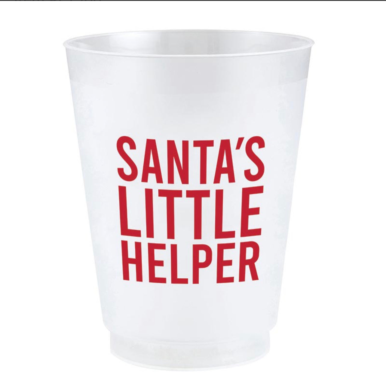 white frosted plastic christmas cup with red script that reads "santa's little helper"