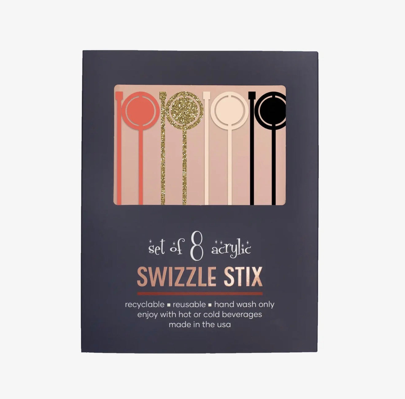 Gift-ready packaging showcasing the reusable Made in USA acrylic drink stirrers.