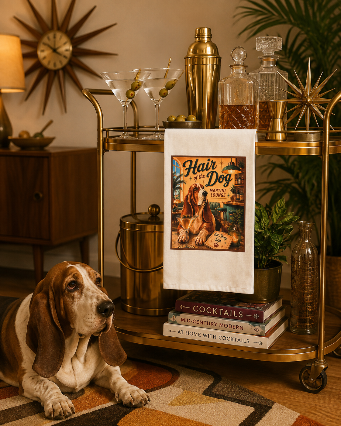 Hair of the Dog Basset Hound tea towel displayed on a midcentury modern bar cart with martinis, vintage barware and Basset Hound.