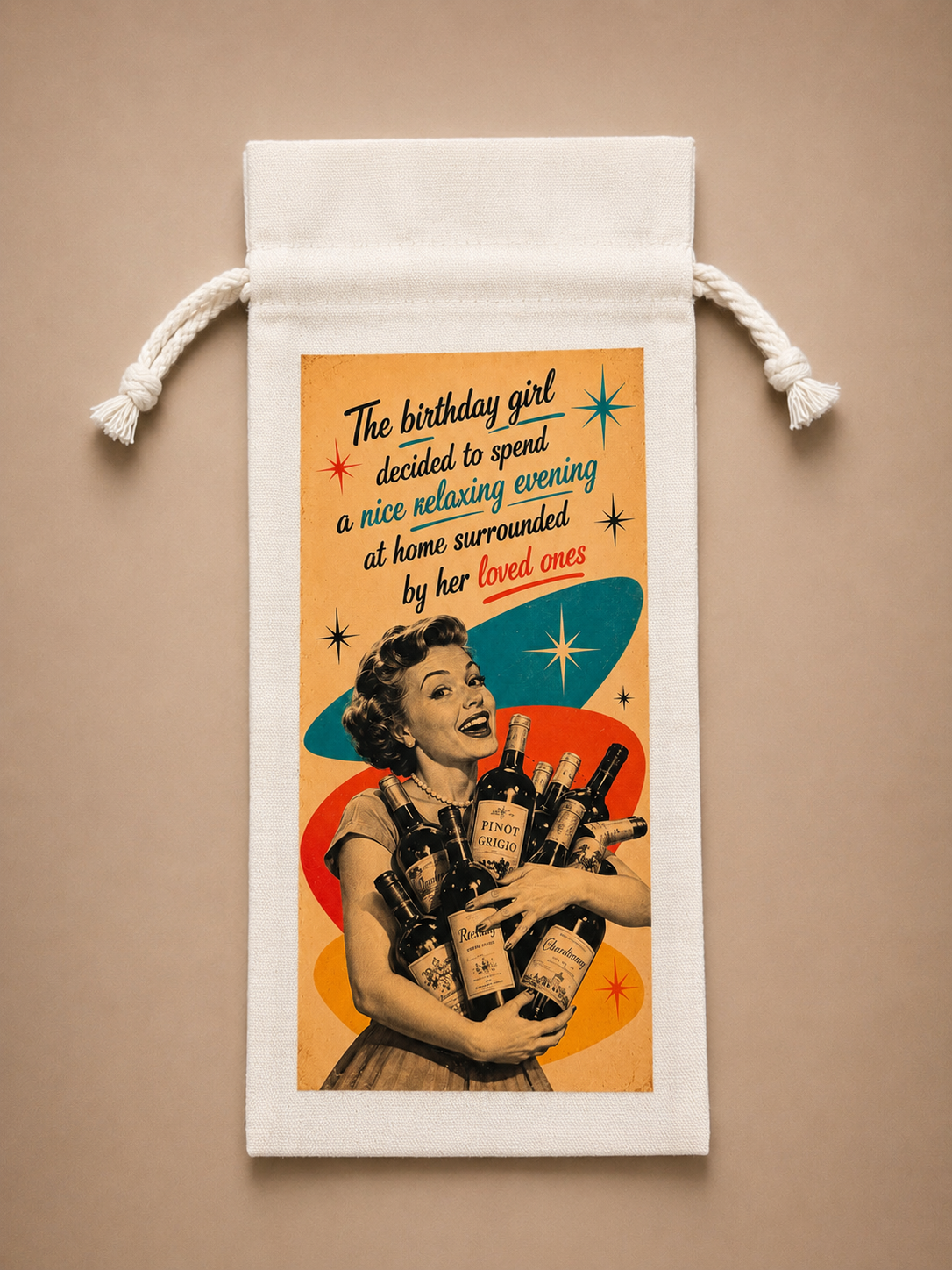 Reusable canvas birthday wine bag featuring a retro woman holding wine bottles and a funny “surrounded by her loved ones” design.