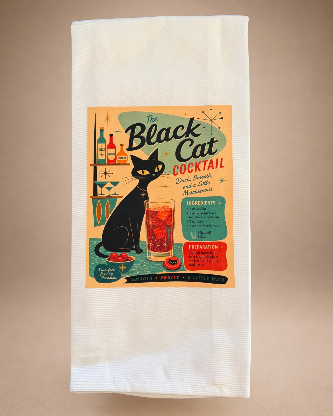 Retro black cat tea towel featuring a vintage-inspired cocktail recipe, atomic starbursts and midcentury bar artwork.