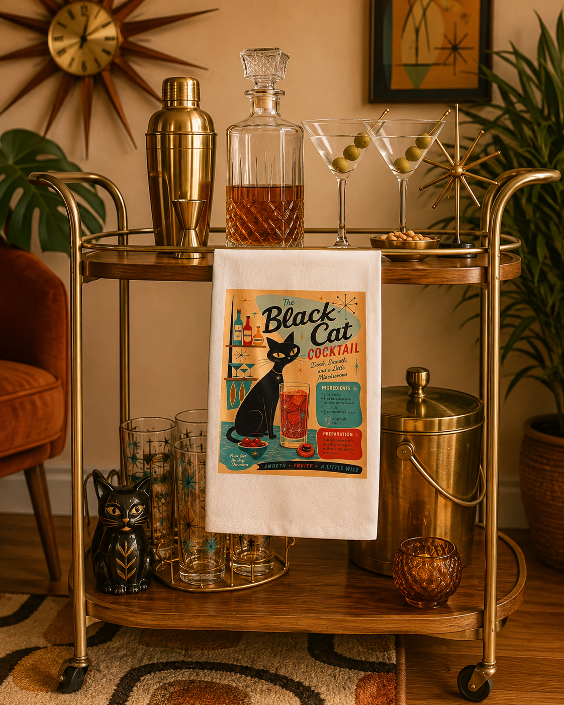 Retro Black Cat Cocktail tea towel displayed on a midcentury modern bar cart with martini glasses and vintage barware.