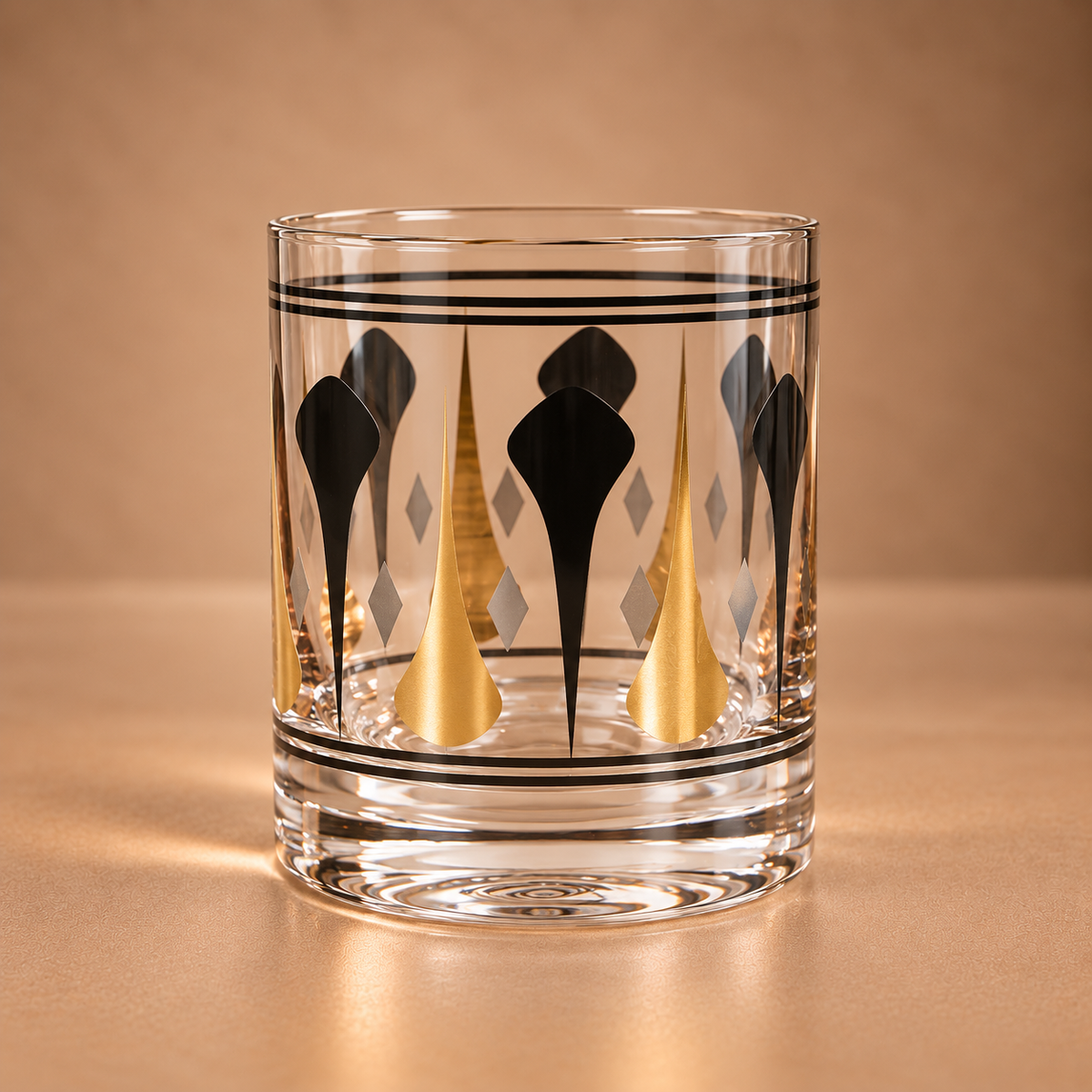 Clear 10 oz whiskey rocks glass featuring a black and metallic gold mid century dart pattern with white diamond accents