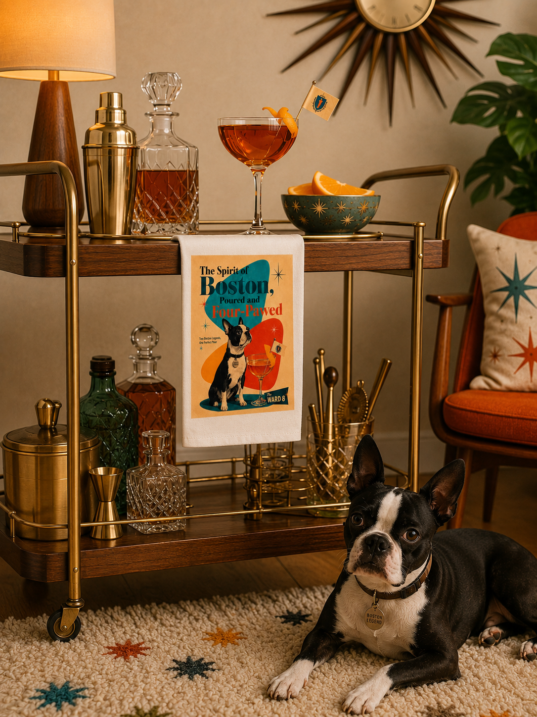 Boston Terrier cocktail tea towel displayed on a midcentury modern bar cart with Ward 8 cocktail, vintage barware and Boston Terrier.