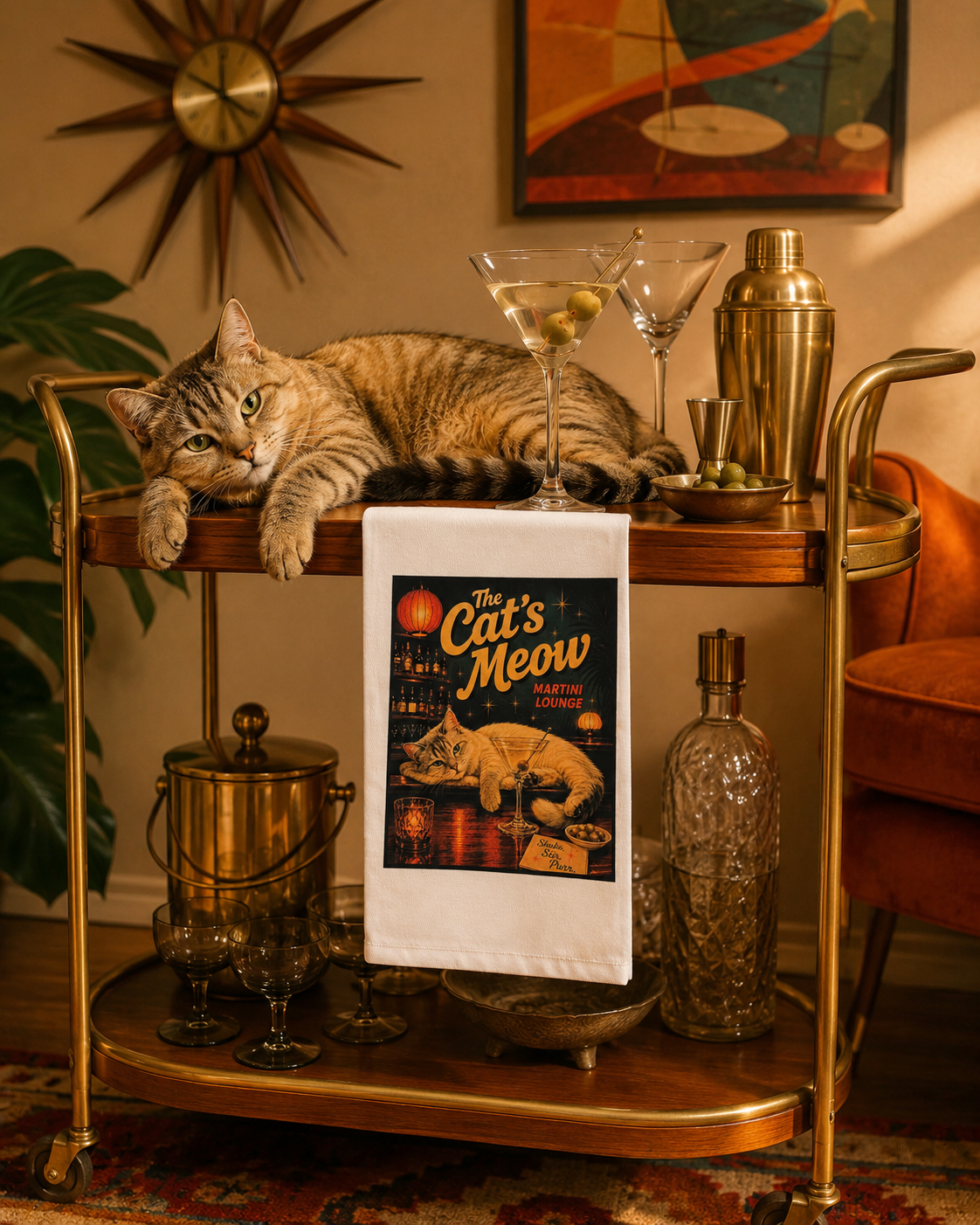 Cat’s Meow Martini Lounge tea towel displayed on a midcentury bar cart with a cat, martini glasses and vintage barware.