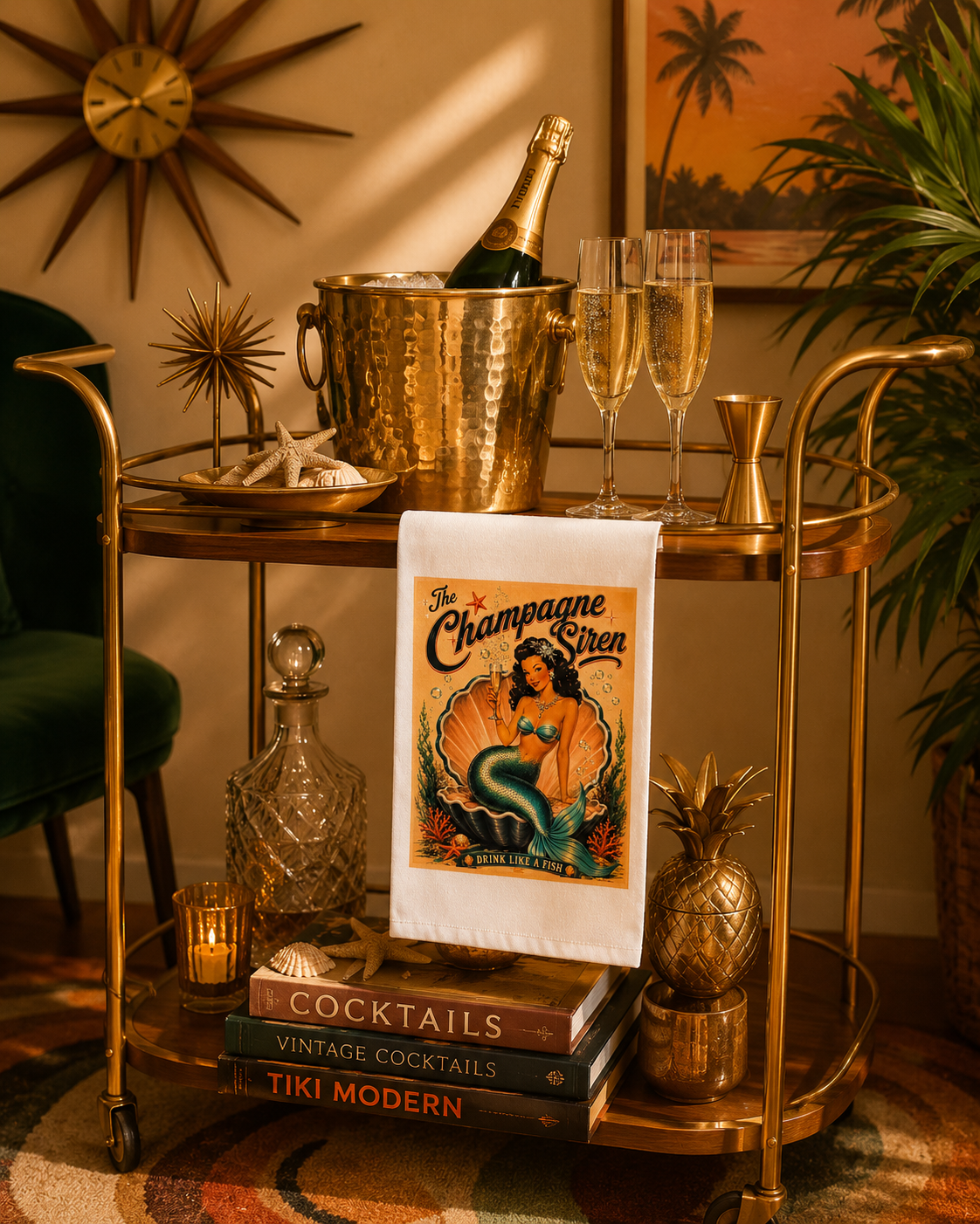 Champagne Siren mermaid tea towel displayed on a midcentury bar cart with champagne, flutes and vintage cocktail decor.