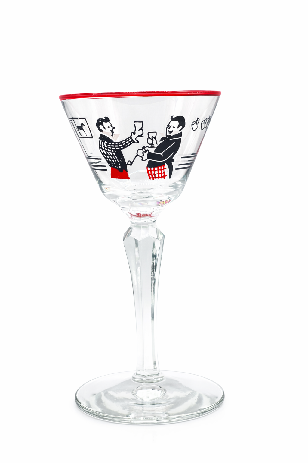 Cocktail glass with black and white illustrations of people on a red rim against a white background
