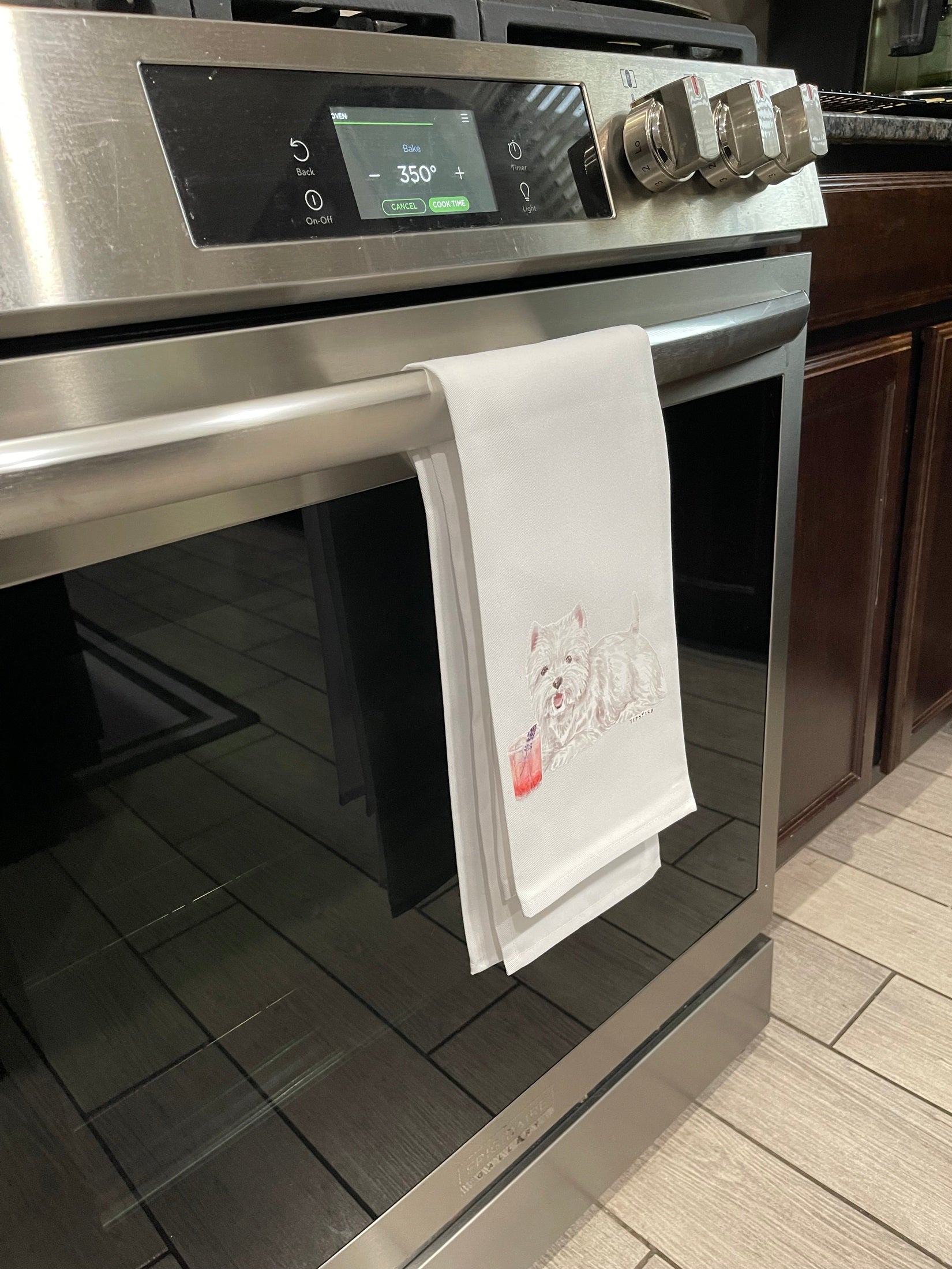 Stainless steel oven with a towel on top in a kitchen setting