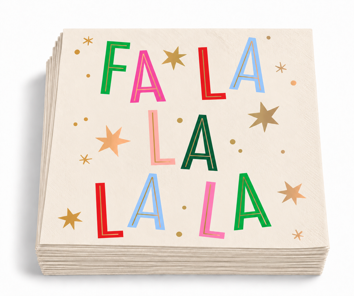 Stack of 20 cream Fa La La Christmas cocktail napkins with colorful lettering, starburst details and festive foil accents.