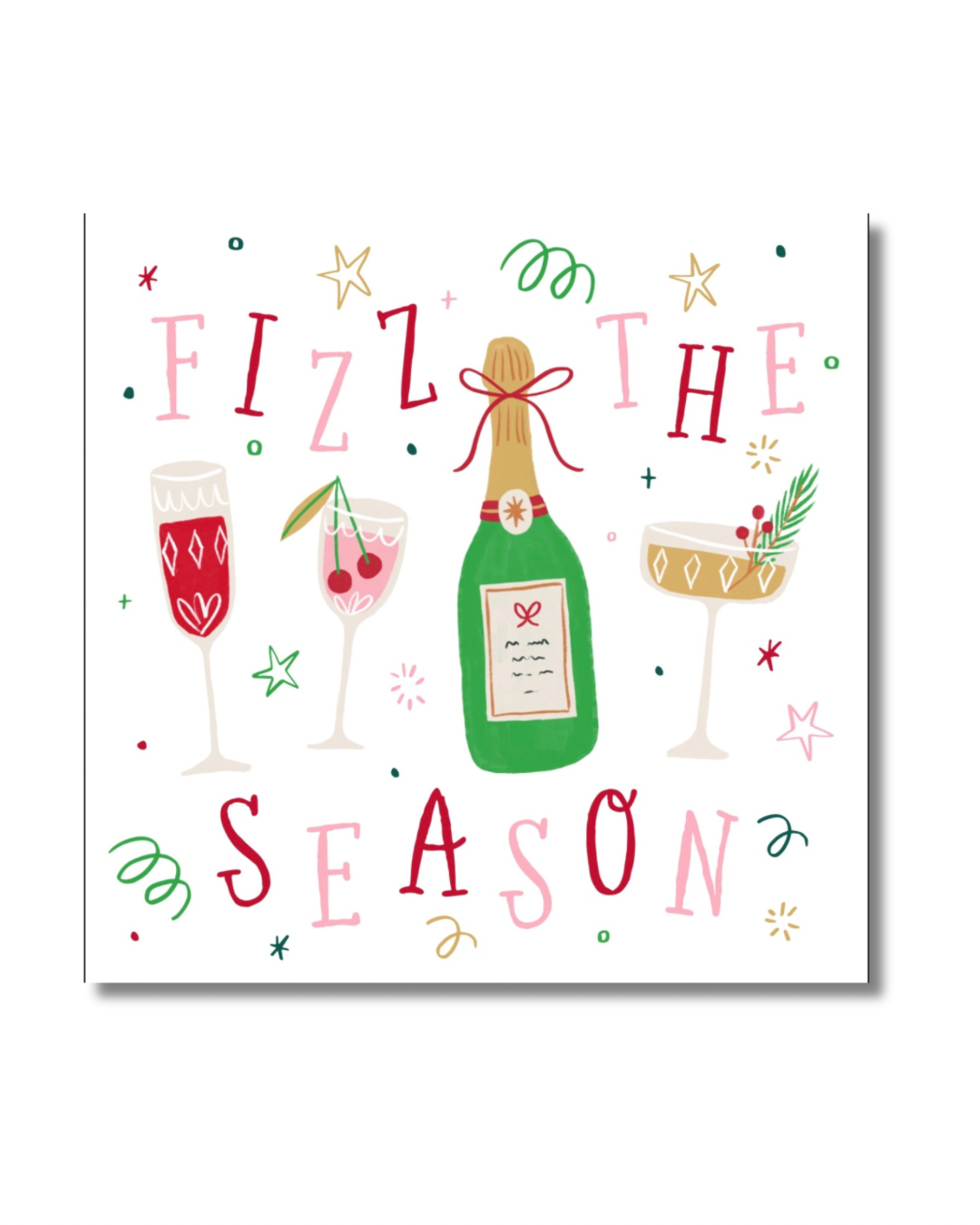 White holiday cocktail napkin featuring colorful Fizz the Season lettering with champagne bottle, festive cocktail glasses, stars and confetti.