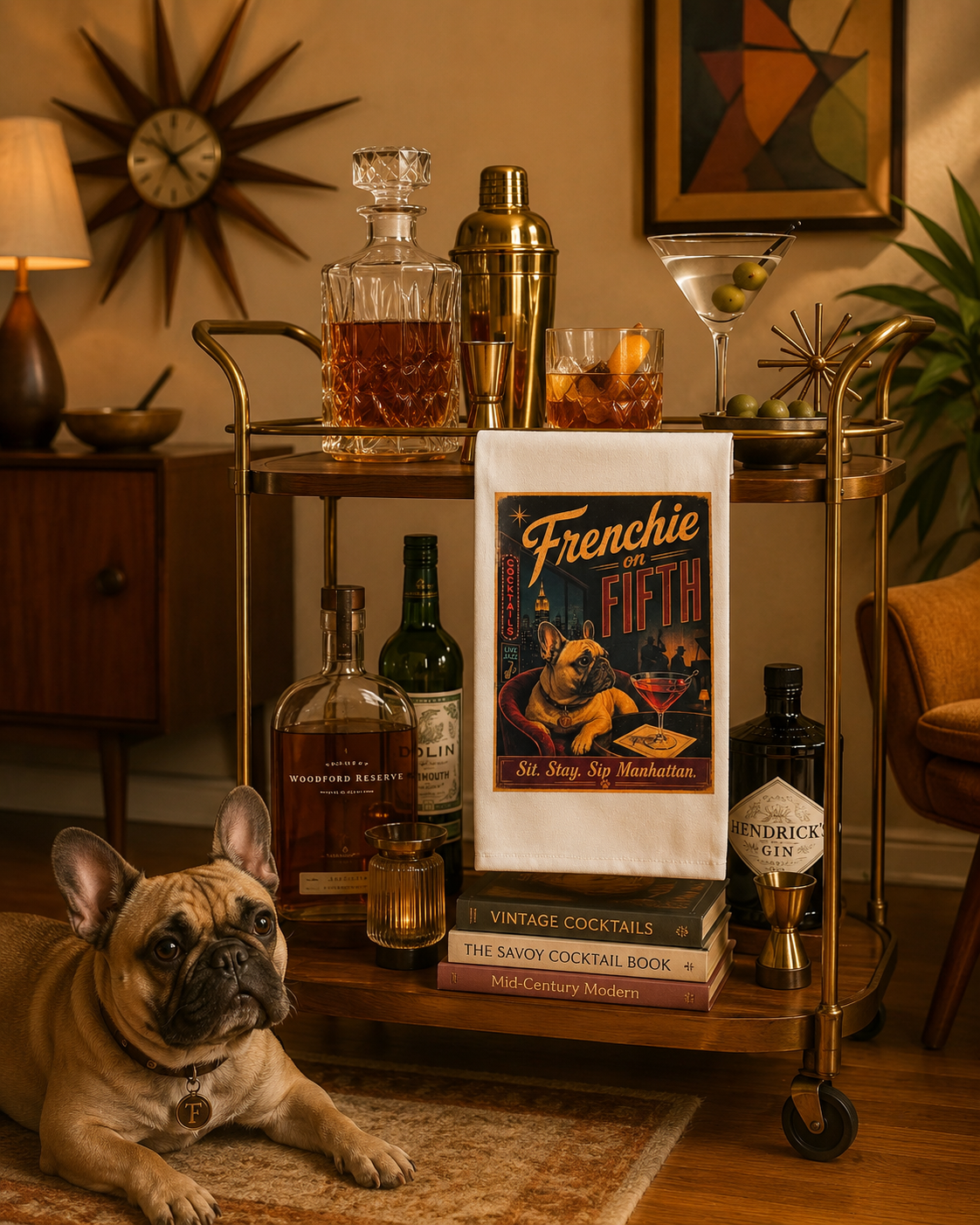 French Bulldog cocktail tea towel displayed on a midcentury bar cart with vintage barware and a French Bulldog nearby.