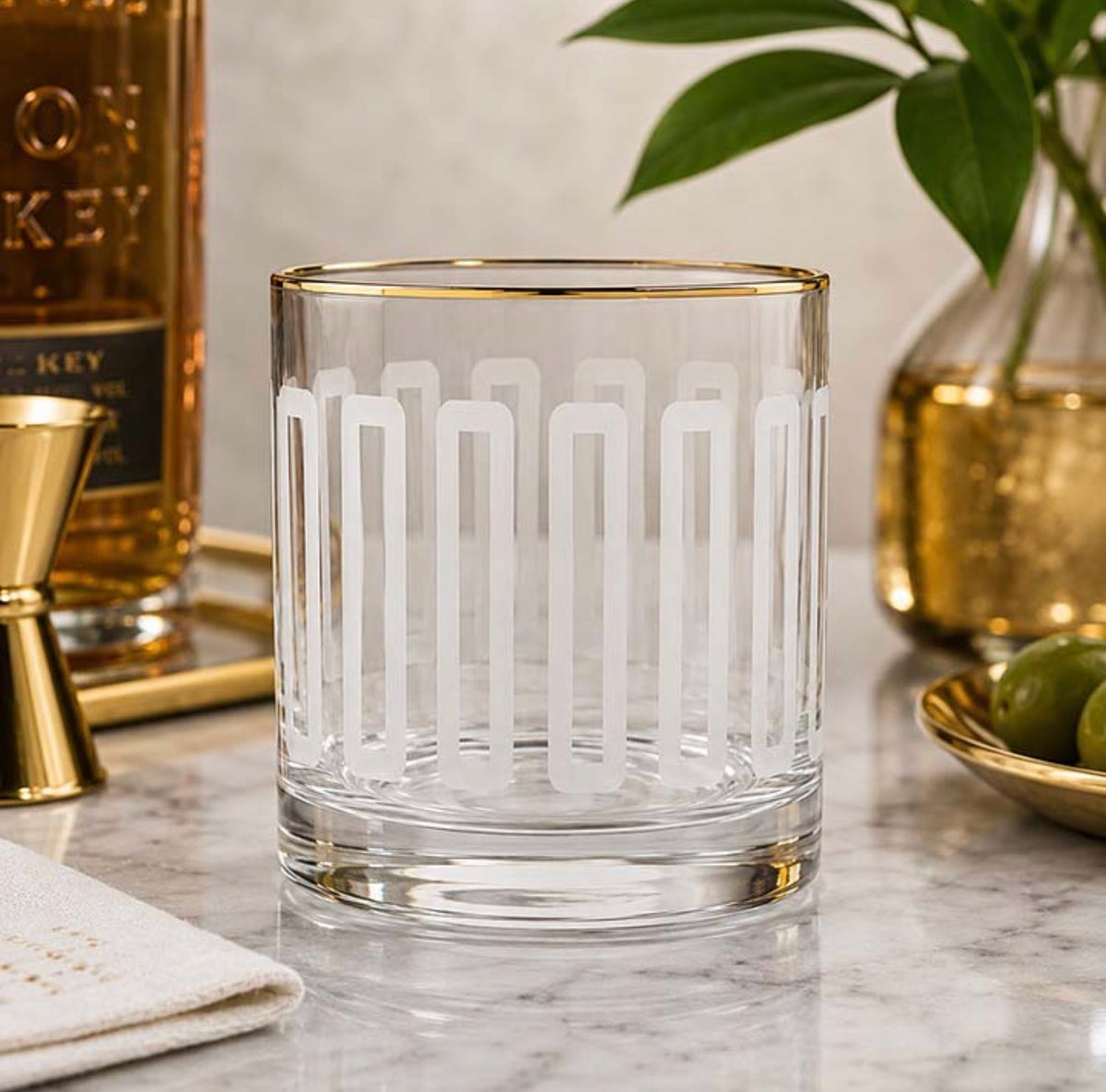 Clear lead-free crystal rocks glass with frosted geometric mid century design, gold rim and weighted base