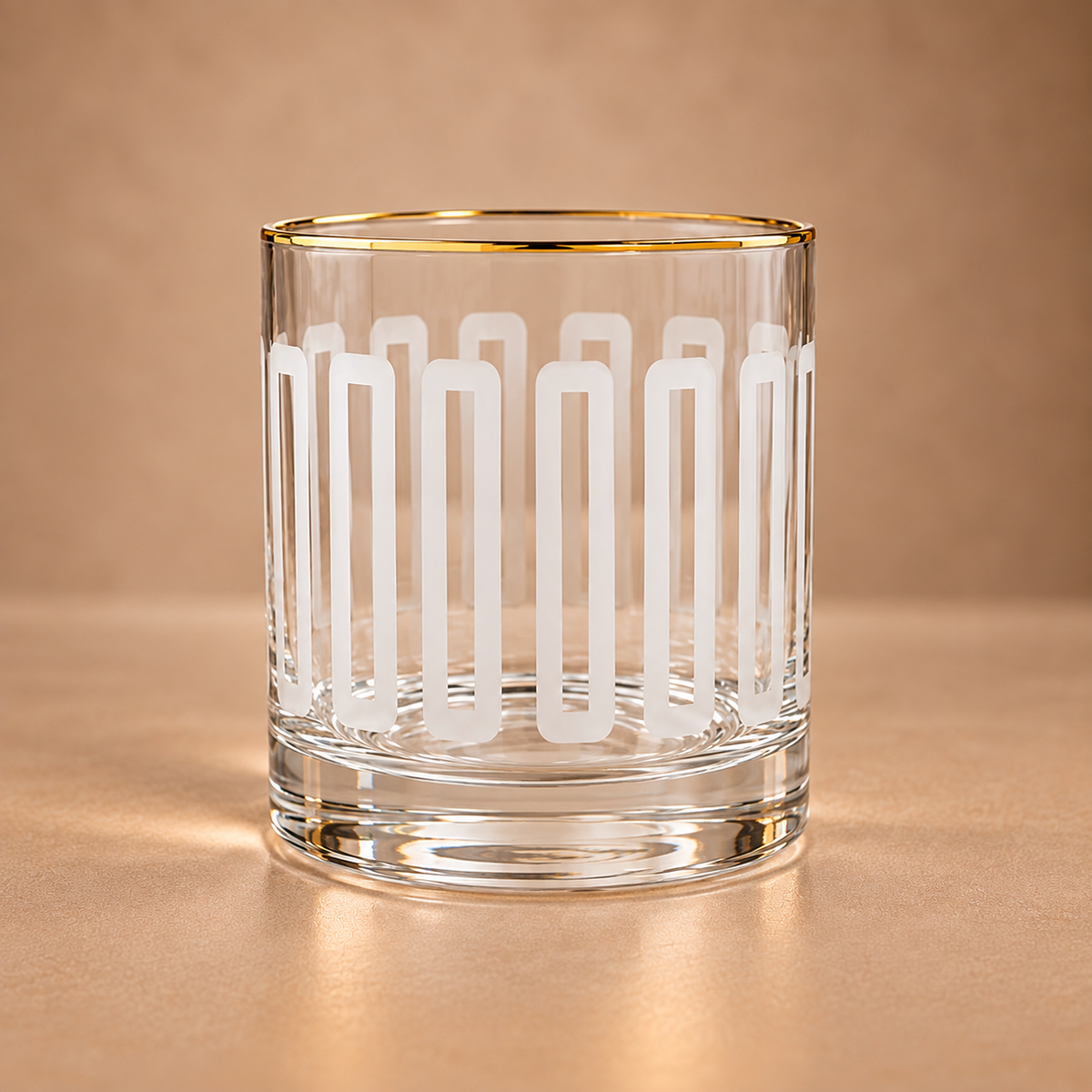 Clear lead-free crystal rocks glass with frosted geometric mid century design, gold rim and weighted base