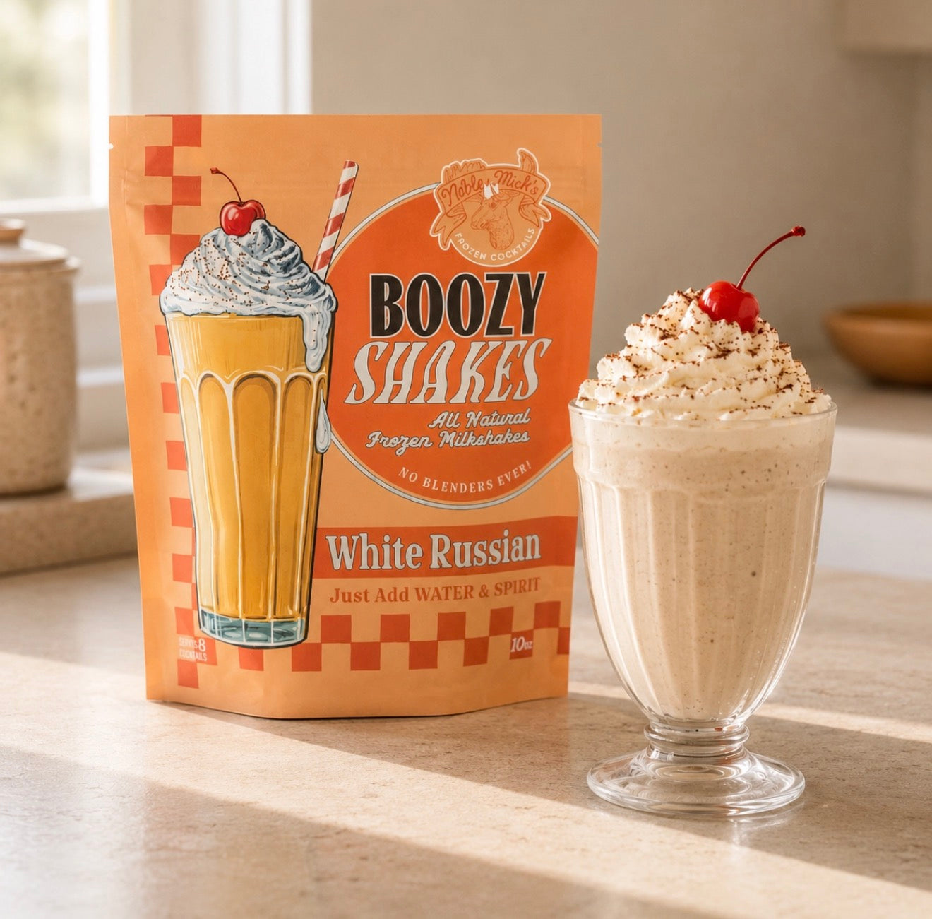 Creamy frozen White Russian boozy shake prepared with Noble Mick’s White Russian cocktail mix and vodka.
