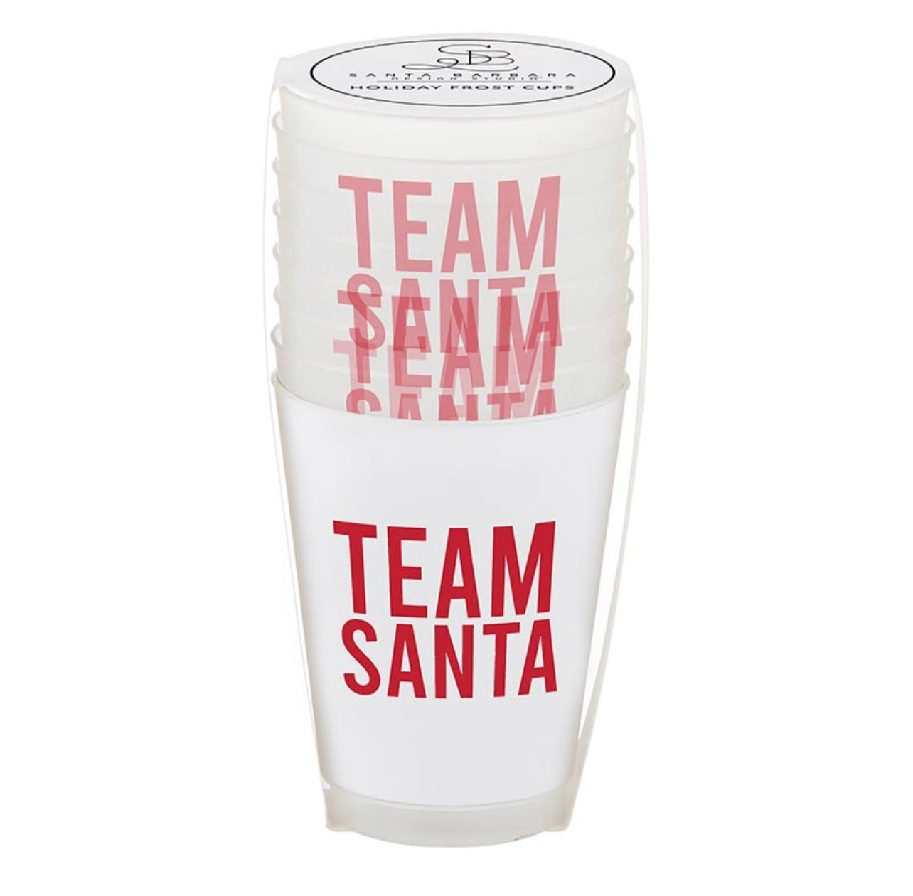 white frosted plastic christmas cup with red script that reads "team santa" comes in a set of 8