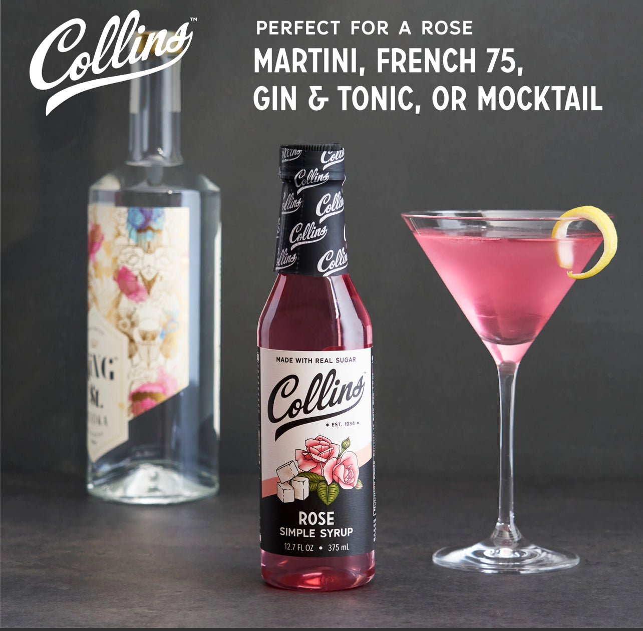Collins rose simple syrup bottle with a cocktail and text on a dark background