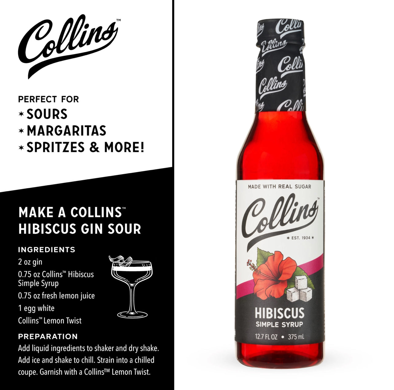 Collins Hibiscus Gin Sour syrup bottle with recipe details on a white background
