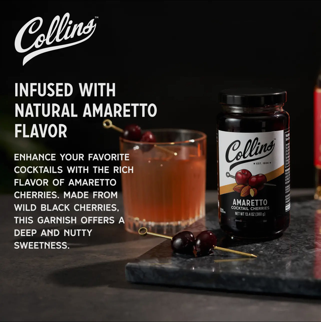 Amaretto Cocktail Cherries | Wild Black Cherries in Amaretto Syrup