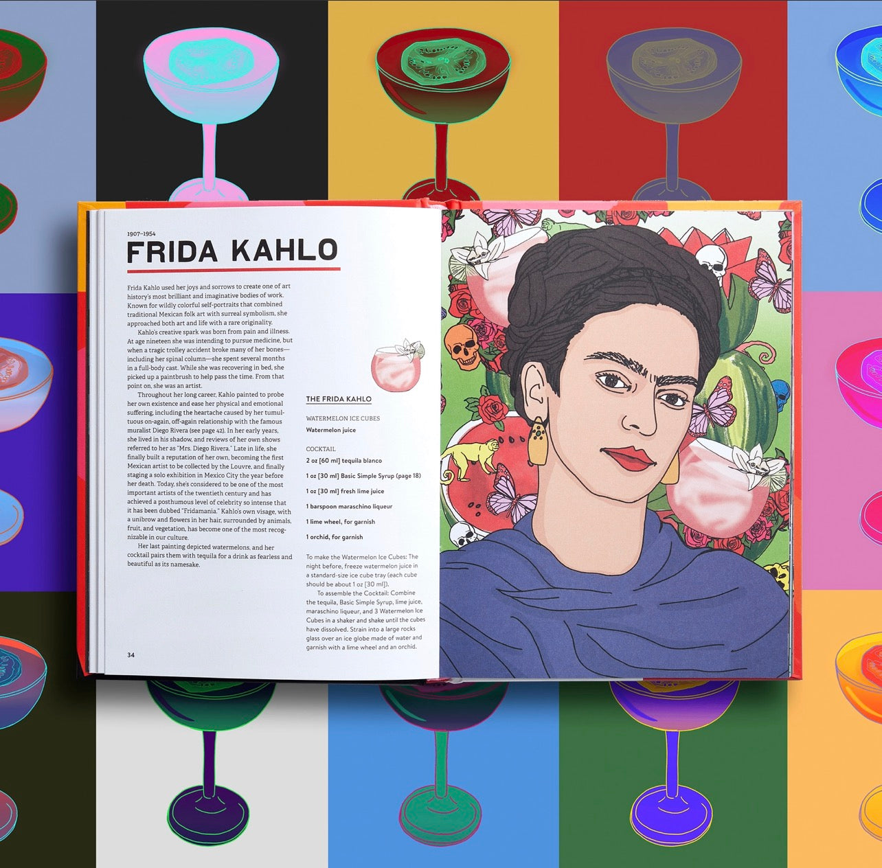 Art Boozel open book featuring Frida Kahlo cocktail recipe and illustrated portrait
