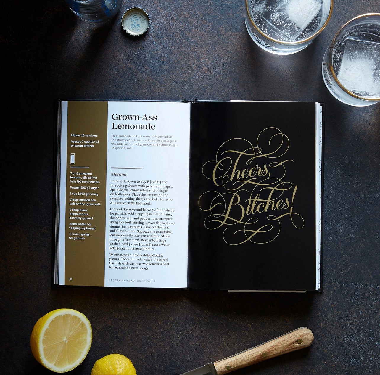 Classy as Fuck Cocktails book open to Grown-Ass Lemonade recipe