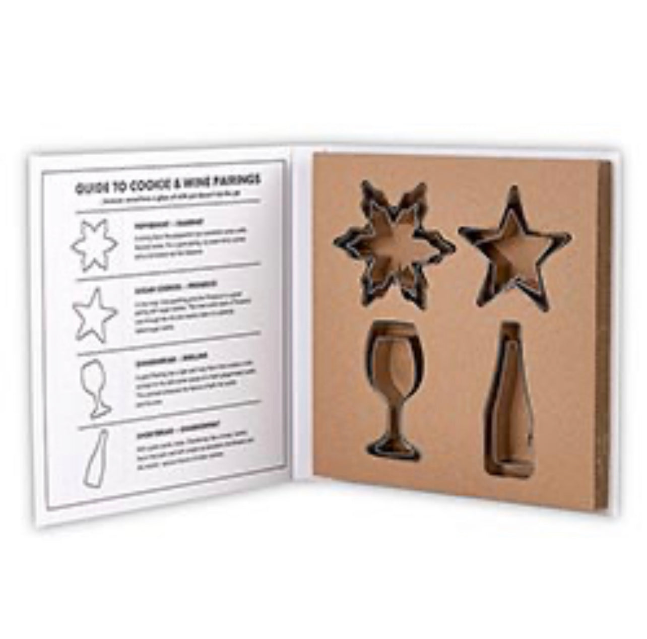 open gift box displaying set of 8 cookie cutters (2 snowflakes, 2 stars, 2 wine glasses, and 2 wine bottles) with a guide to cookie and wine pairings