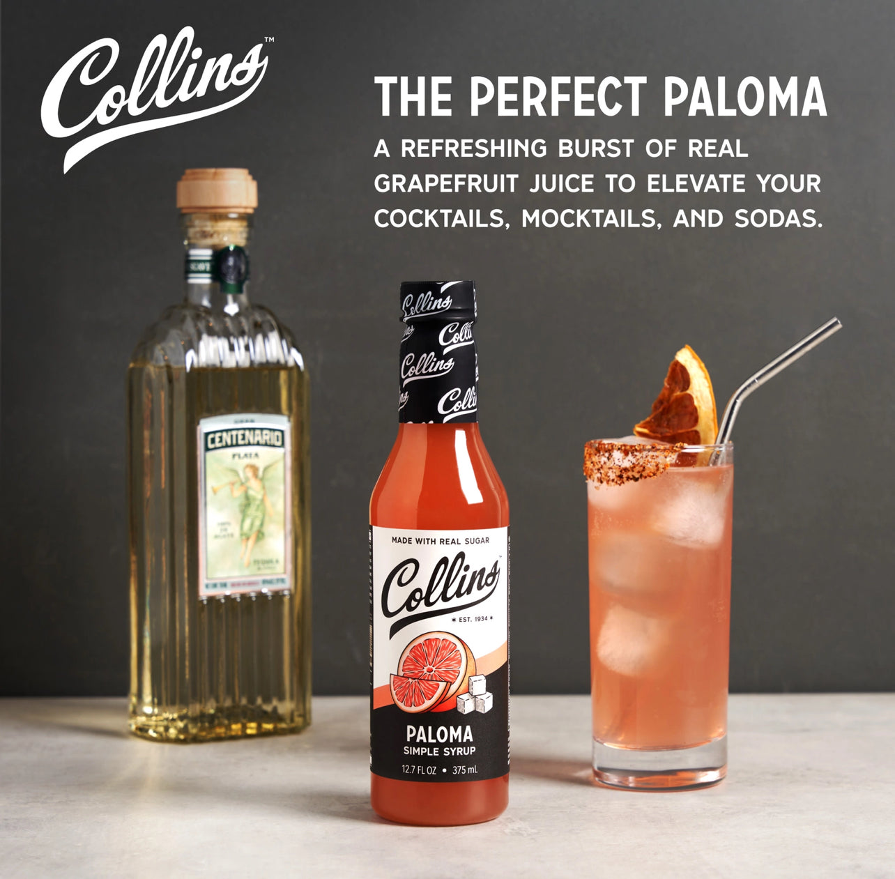 Collins Paloma simple syrup bottle with a cocktail and a bottle of tequila on a gray background.