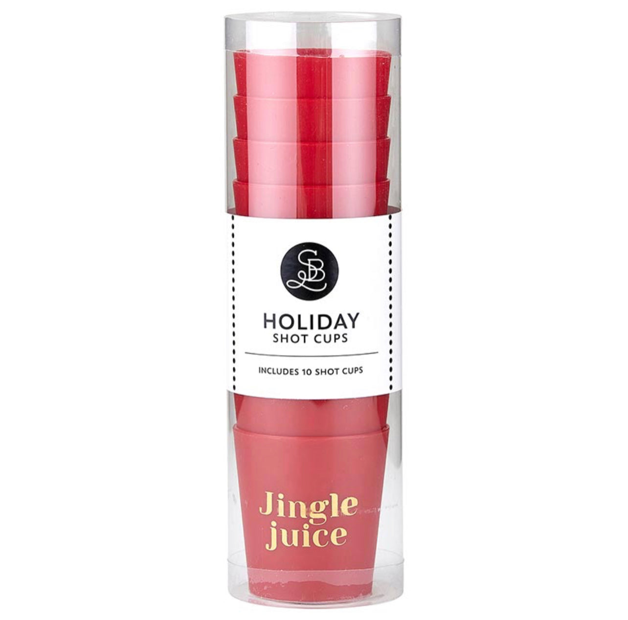 set of 10 reusable red plastic shot cups with words in gold foil that say "jingle juise"