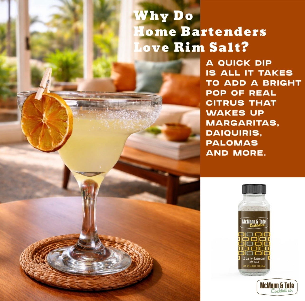 Lemon rimmed margarita cocktail made with McMann & Tate Zesty Lemon rim salt on a home bar table
