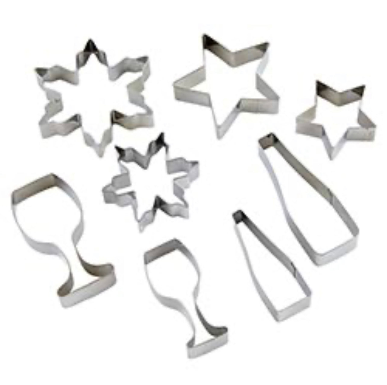 set of 8 stainless steel cookie cutters, each design has a big and small version, designs include stars, snowflakes, wine glasses, and wine bottles