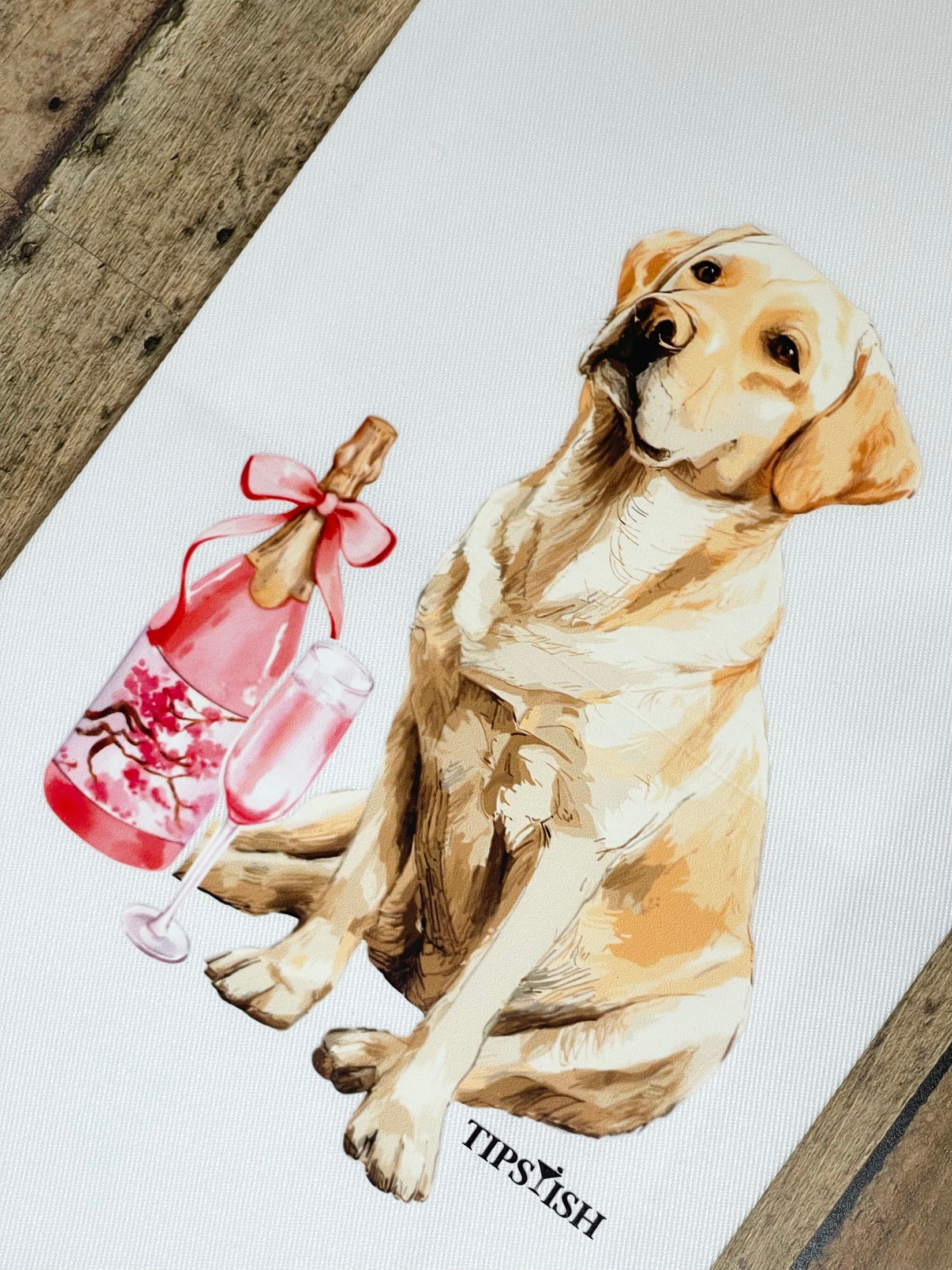 Painting of a dog with a bottle and glass of pink wine on a white background